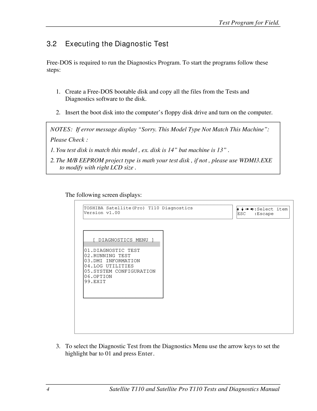 Toshiba T110, ProT1!0 manual Executing the Diagnostic Test, Please Check 