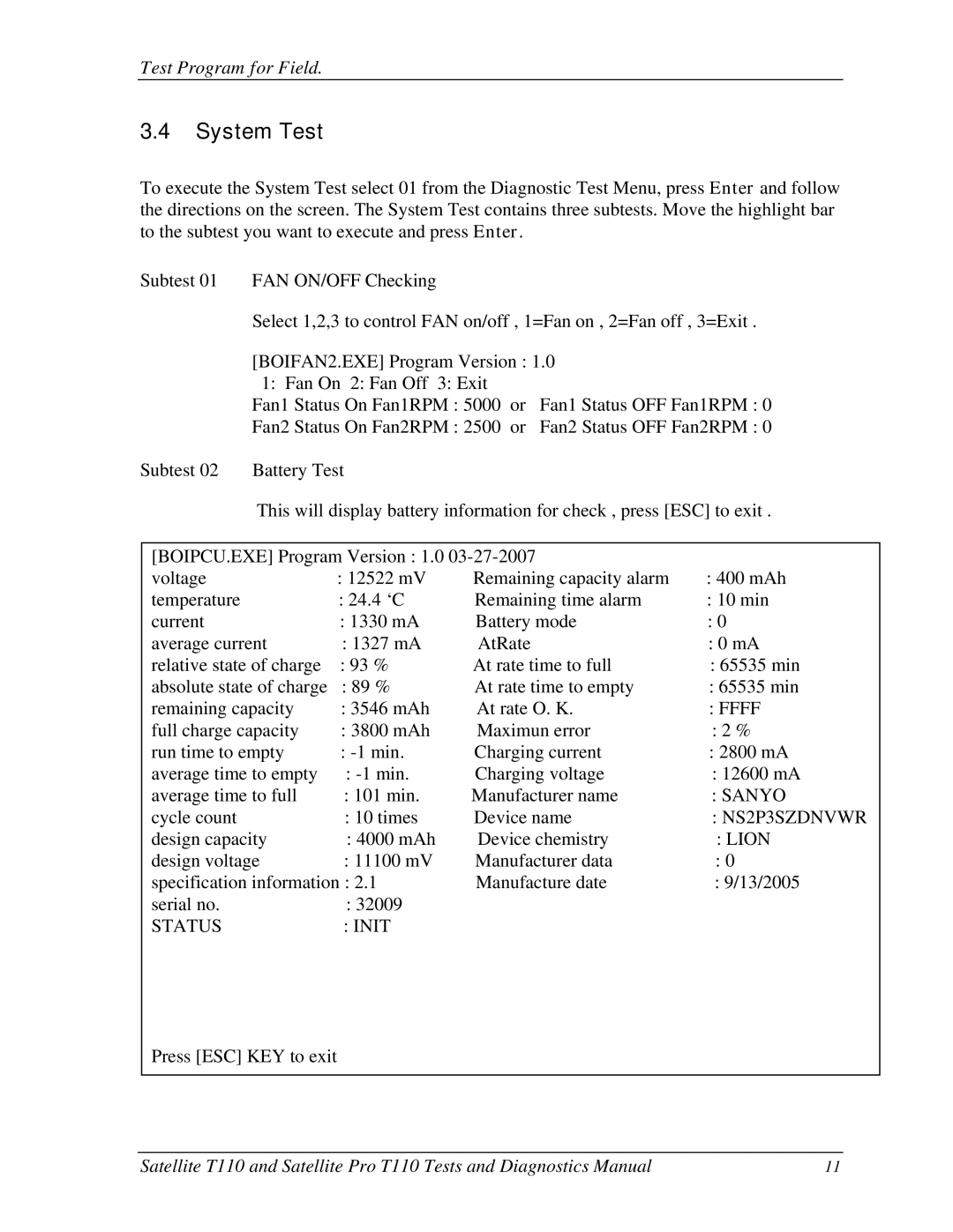 Toshiba ProT1!0, T110 manual System Test, Ffff 