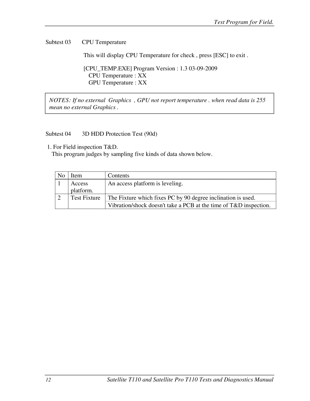 Toshiba T110, ProT1!0 manual Test Program for Field 