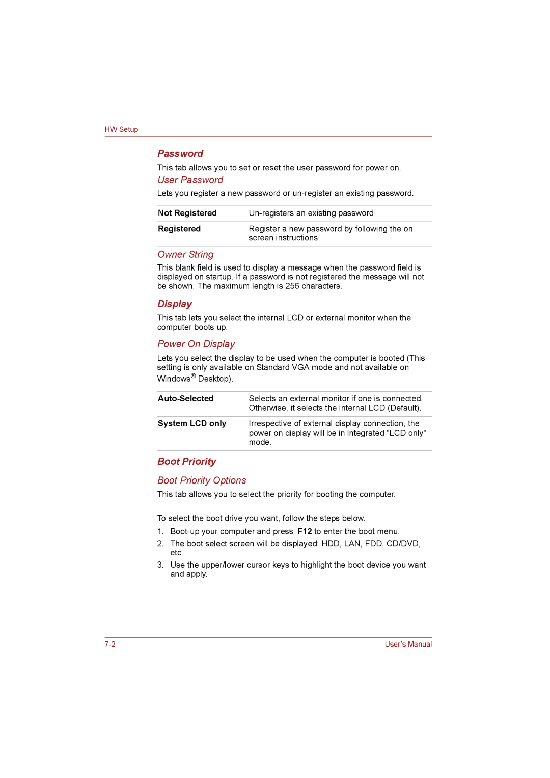 Toshiba T110 user manual Password, Boot Priority 