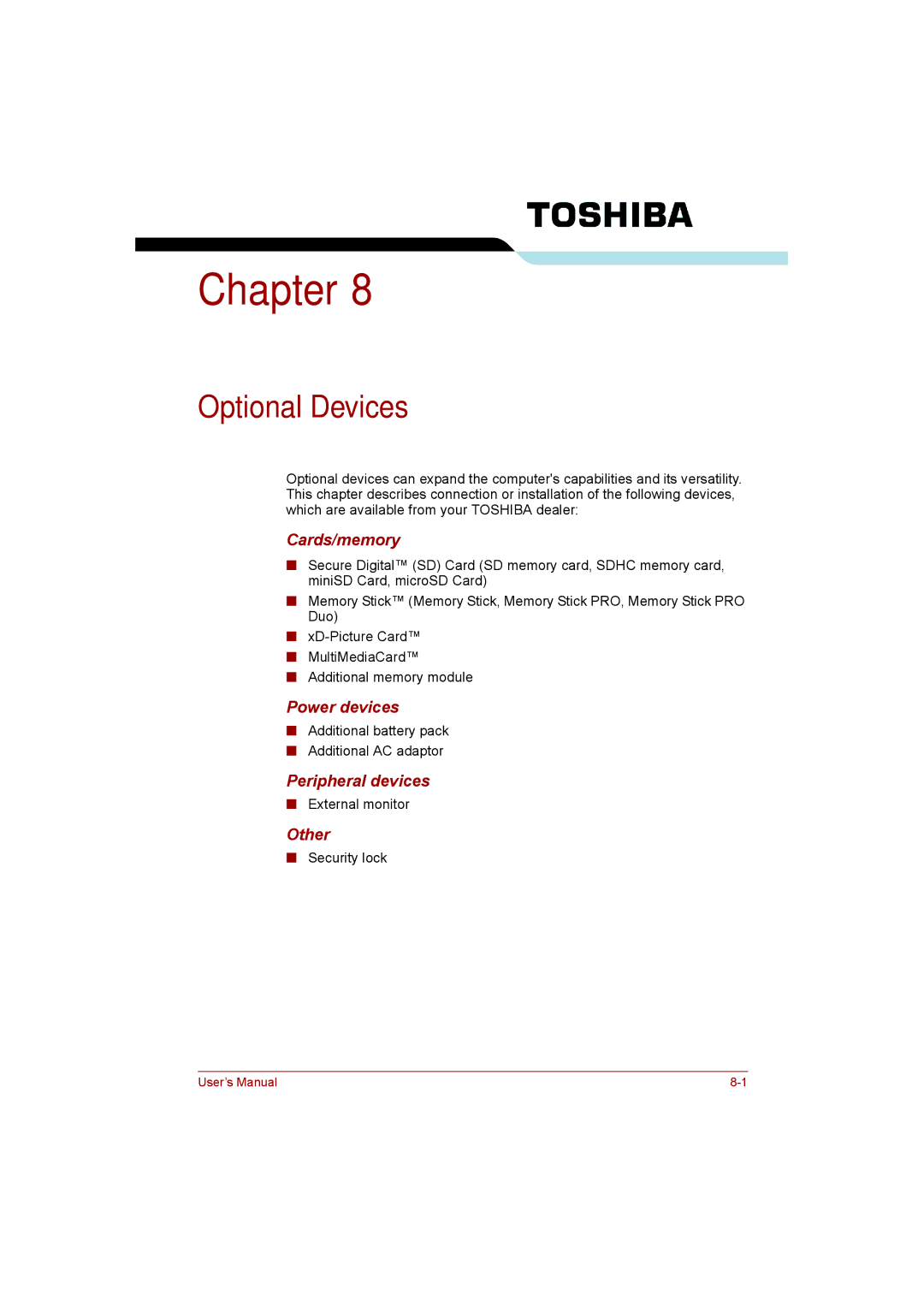 Toshiba T110 user manual Optional Devices, Cards/memory, Power devices, Peripheral devices, Other 