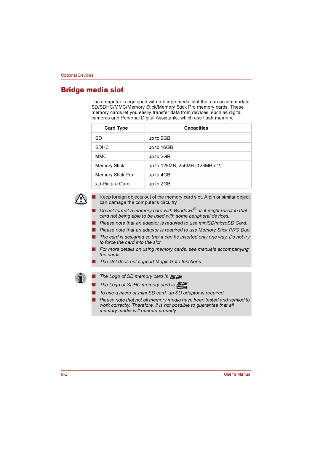 Toshiba T110 user manual Bridge media slot, Card Type Capacities 