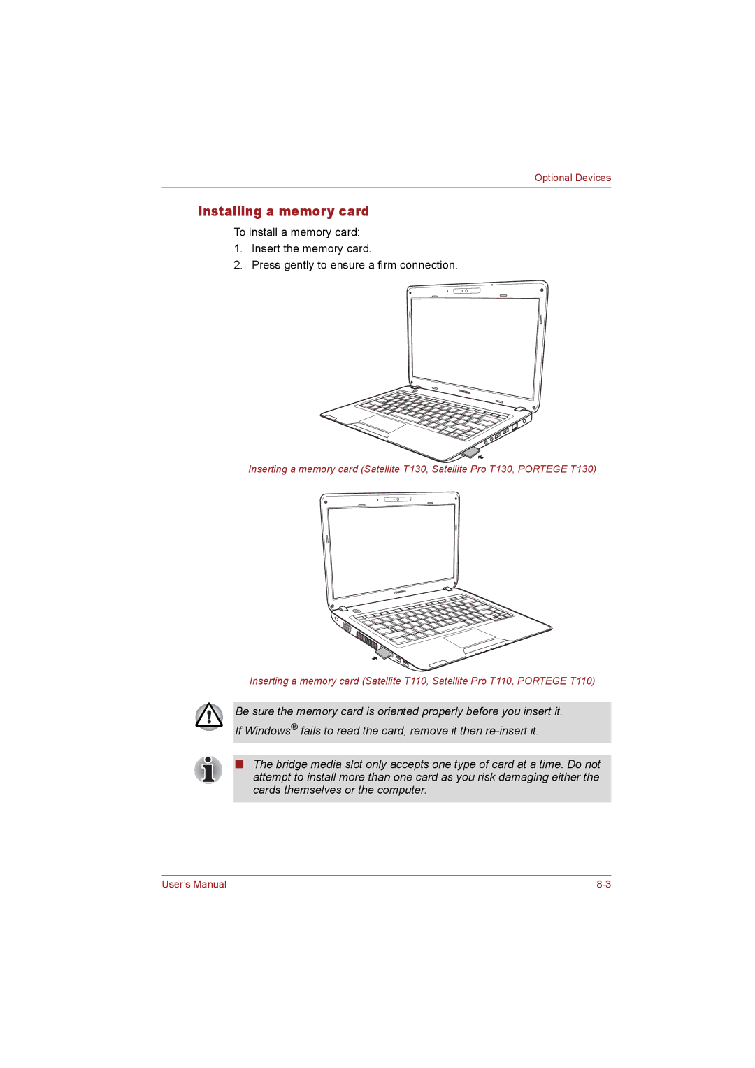 Toshiba T110 user manual Installing a memory card 