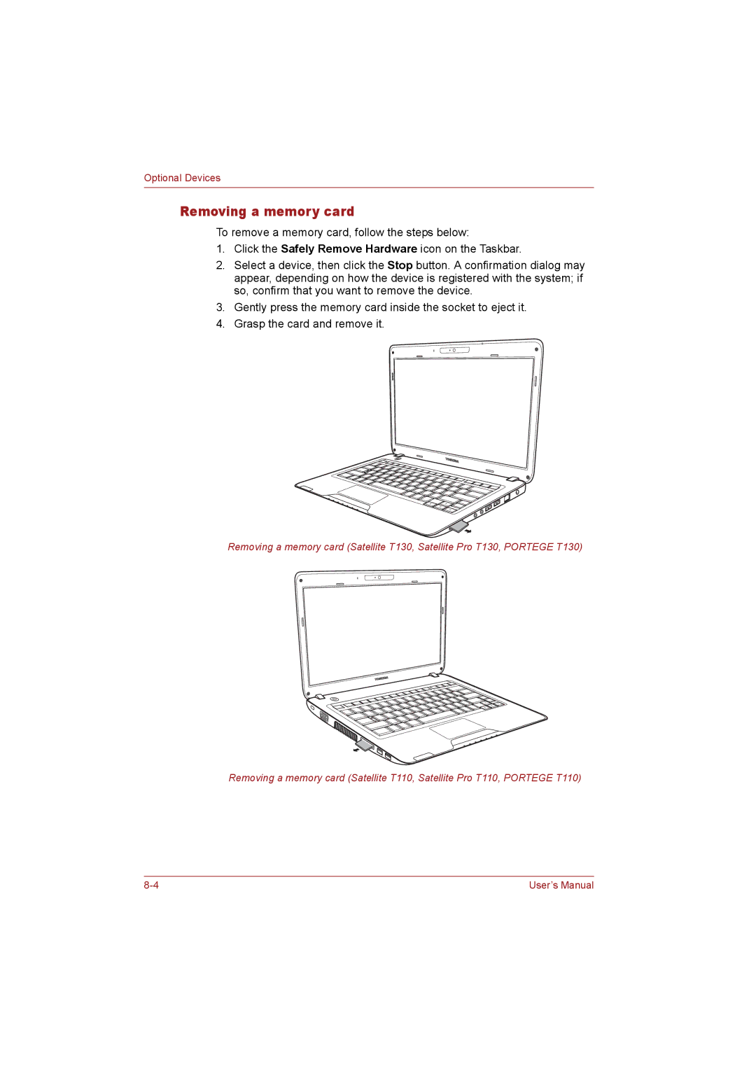 Toshiba T110 user manual Removing a memory card 