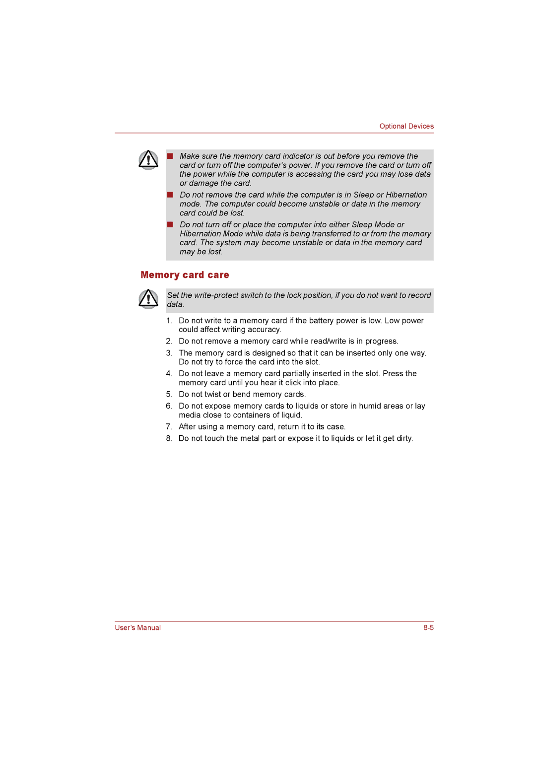 Toshiba T110 user manual Memory card care 