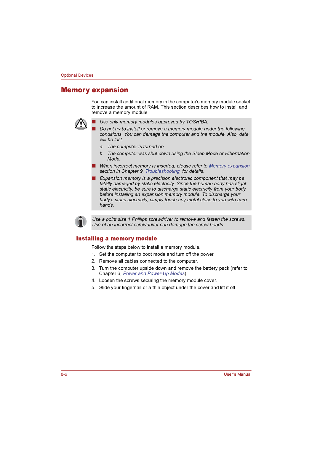 Toshiba T110 user manual Memory expansion, Installing a memory module 