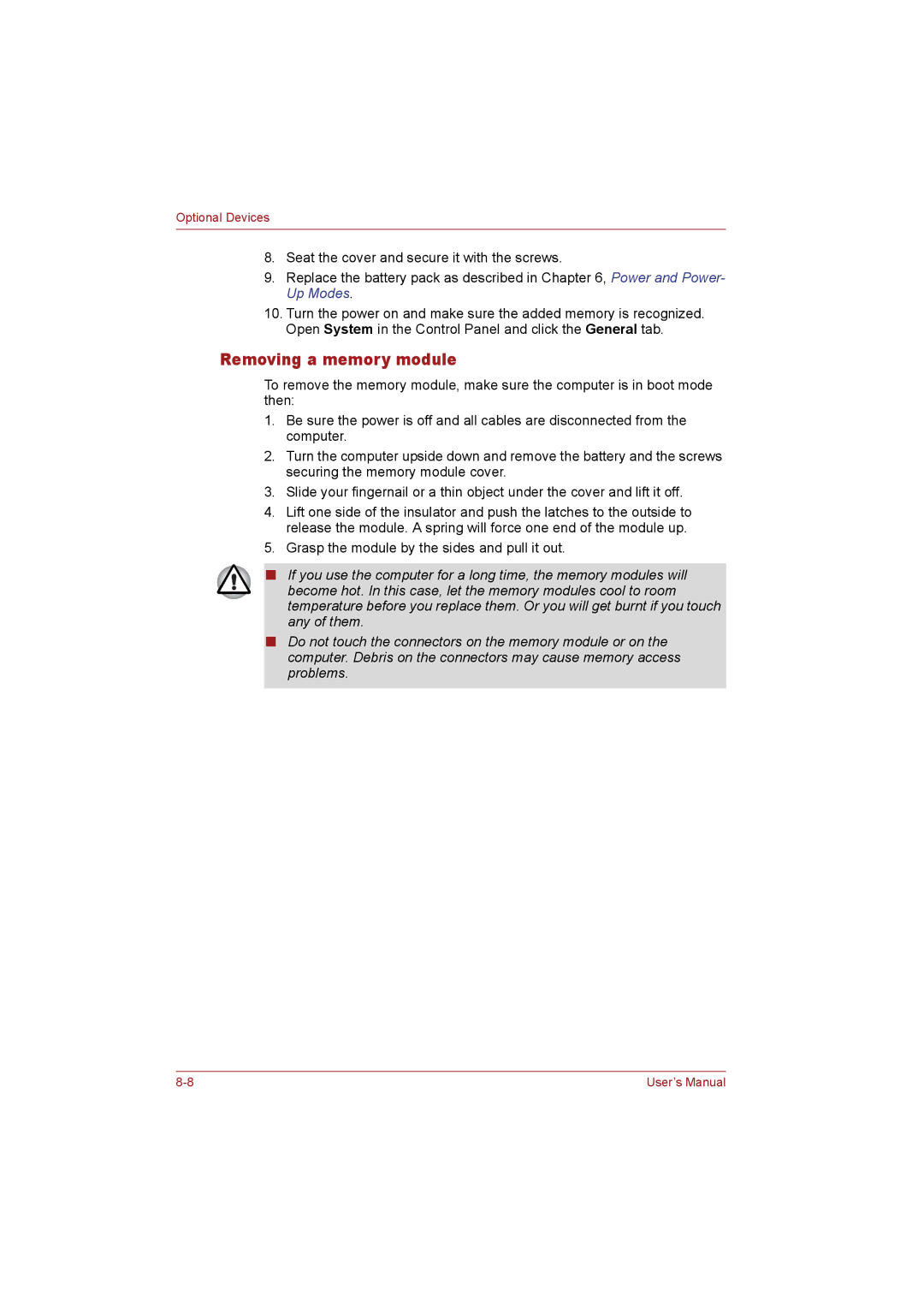 Toshiba T110 user manual Removing a memory module 