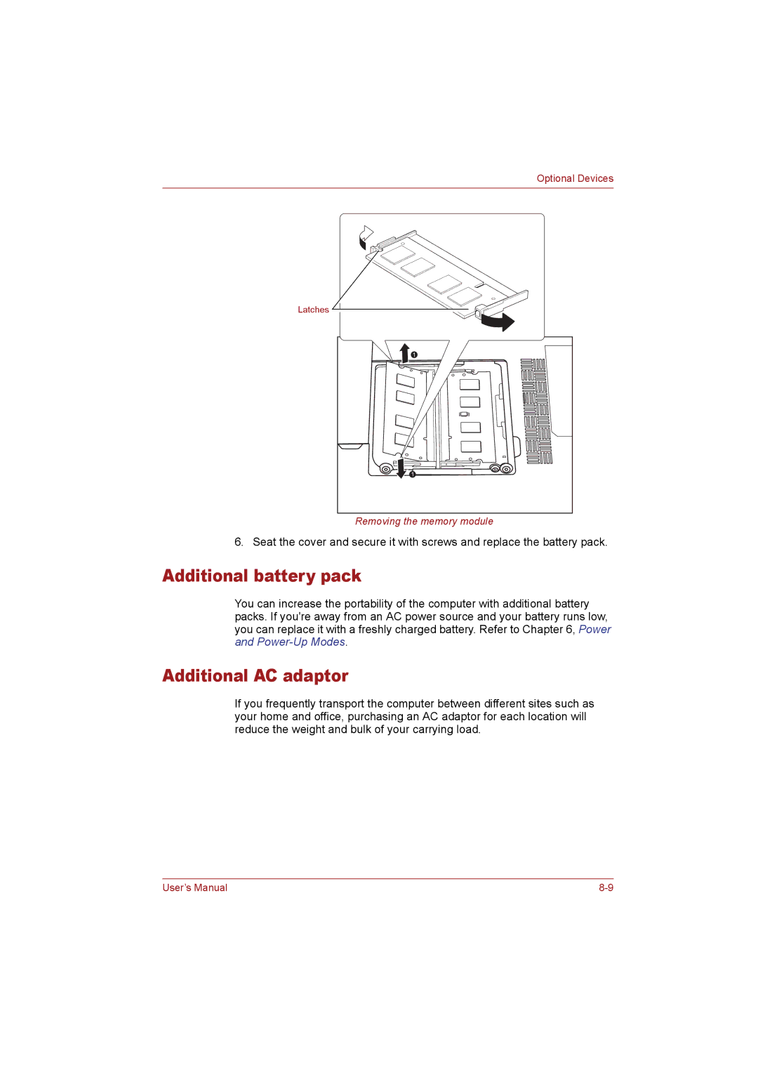 Toshiba T110 user manual Additional battery pack, Additional AC adaptor 