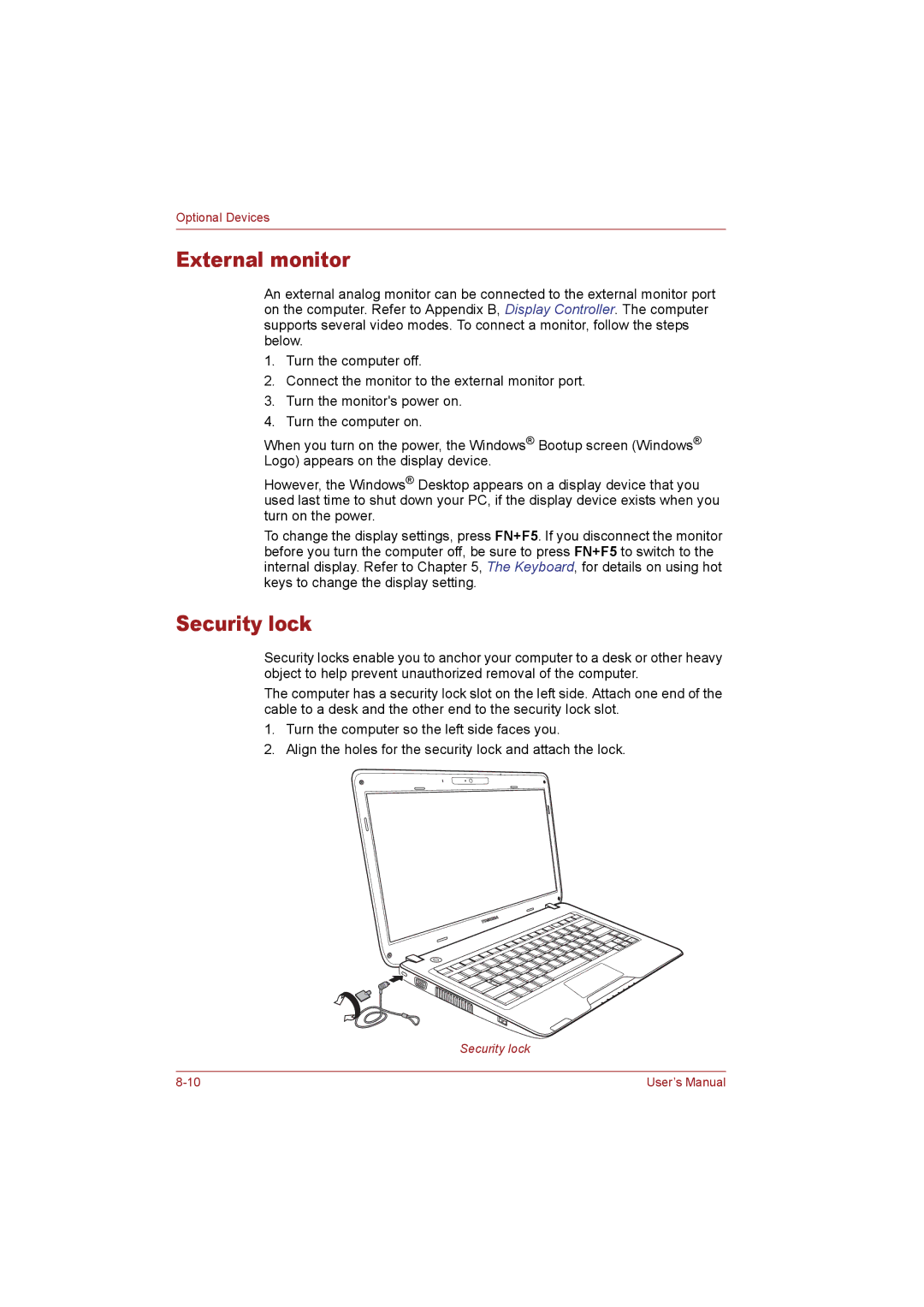 Toshiba T110 user manual External monitor, Security lock 