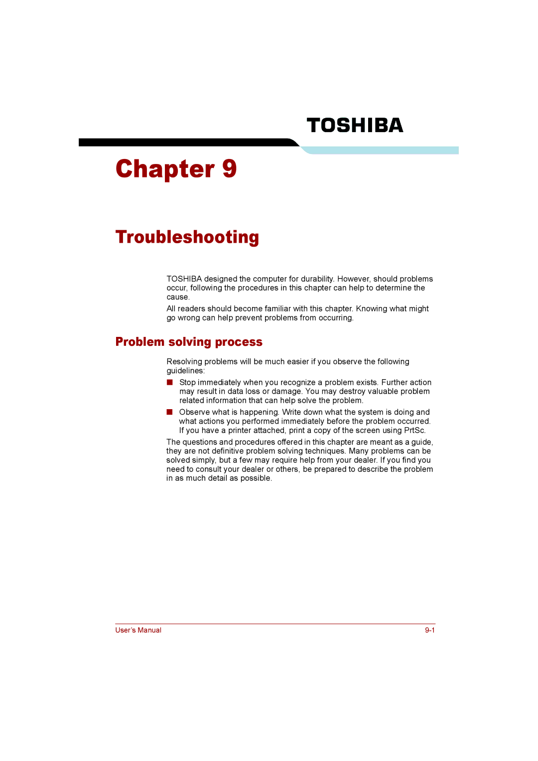 Toshiba T110 user manual Troubleshooting, Problem solving process 