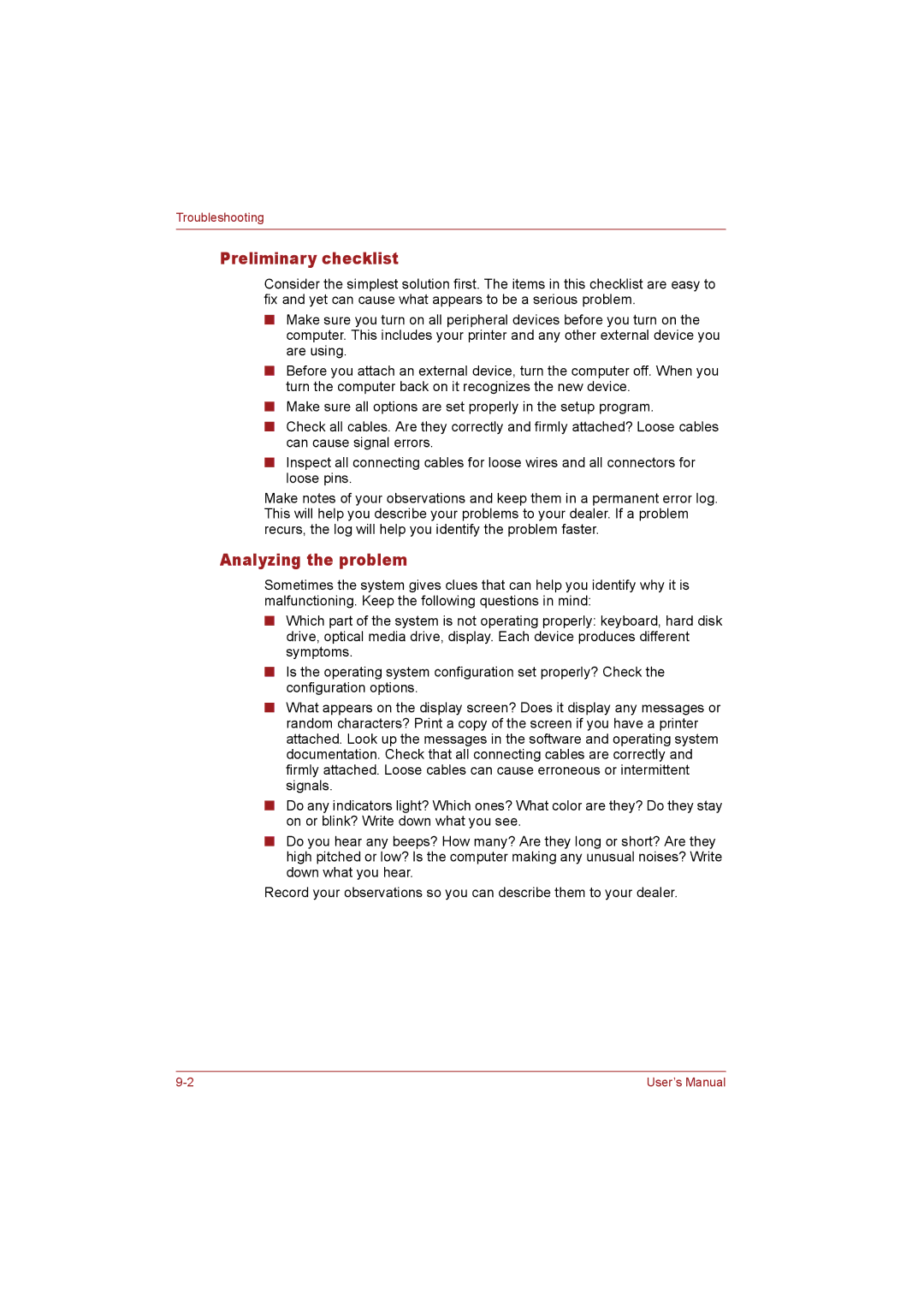 Toshiba T110 user manual Preliminary checklist, Analyzing the problem 