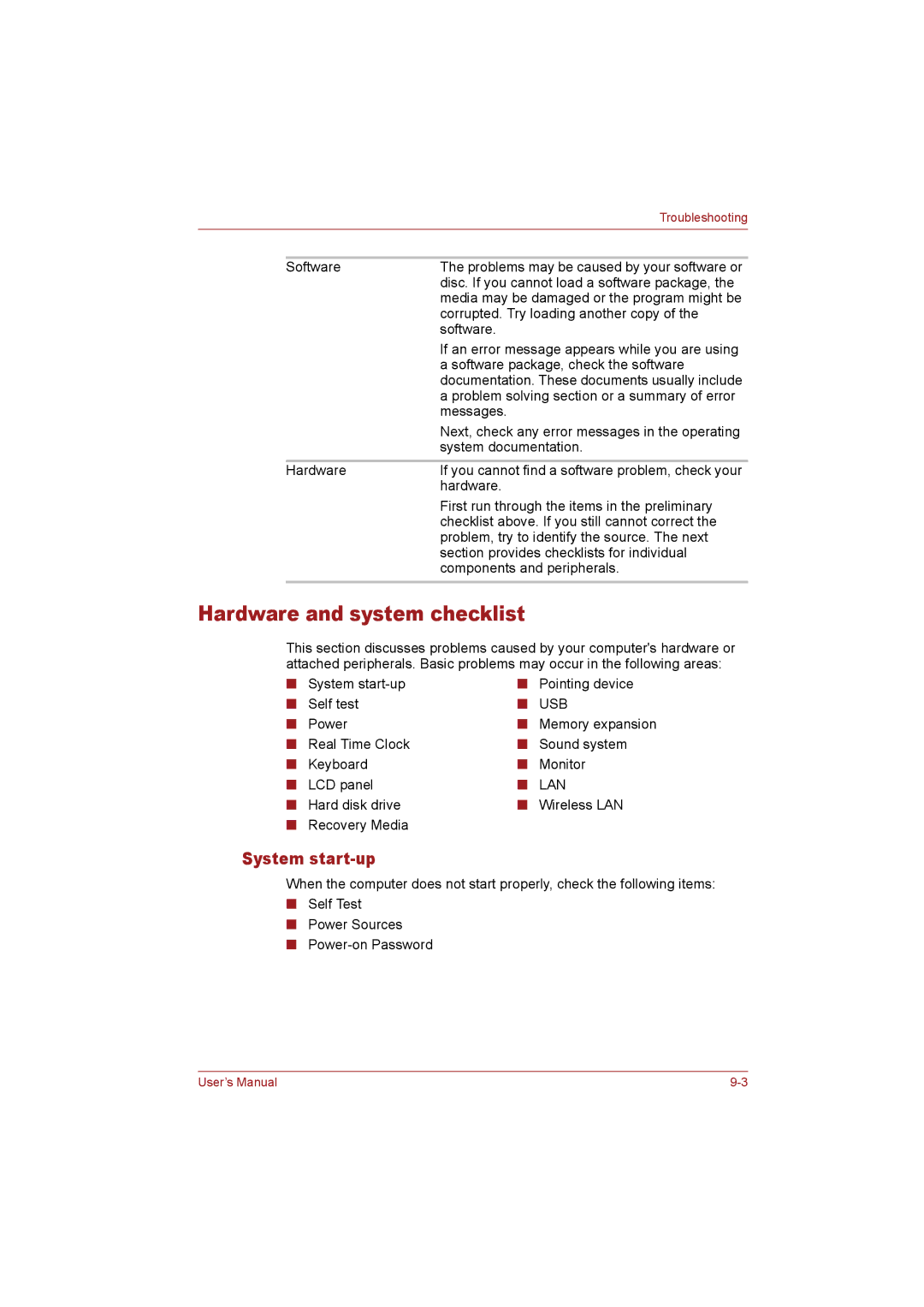 Toshiba T110 user manual Hardware and system checklist, System start-up 