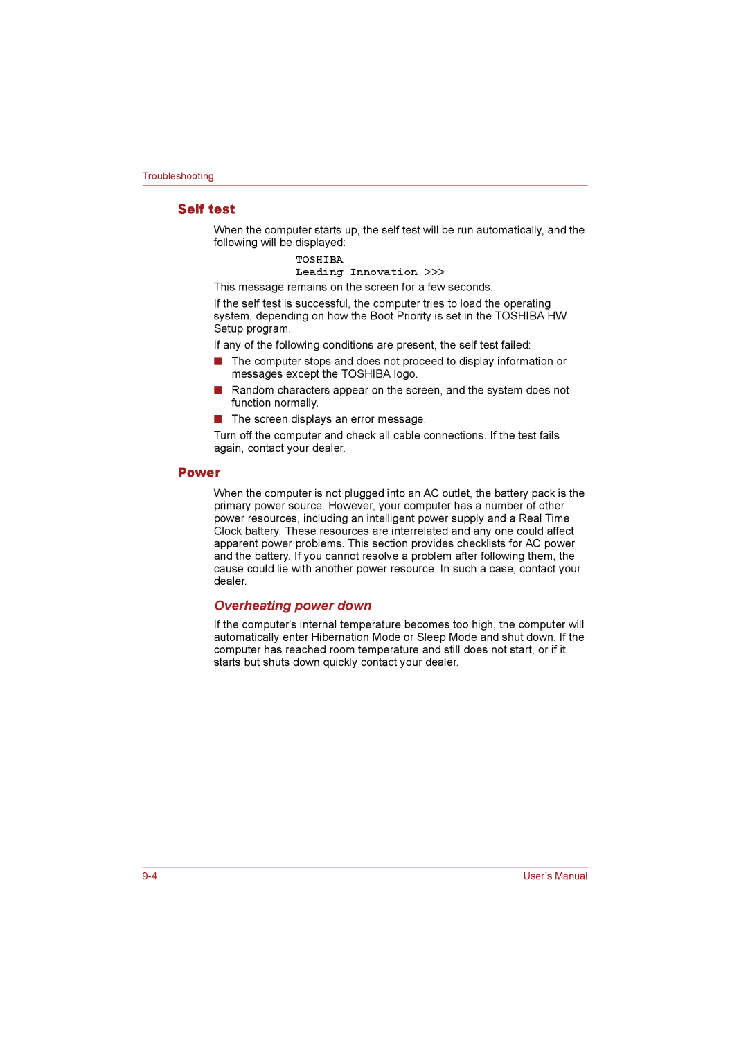 Toshiba T110 user manual Self test, Power, Overheating power down 