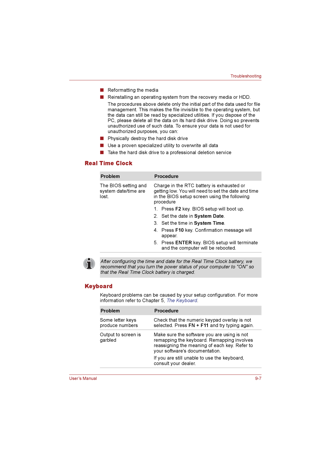 Toshiba T110 user manual Real Time Clock, Keyboard 