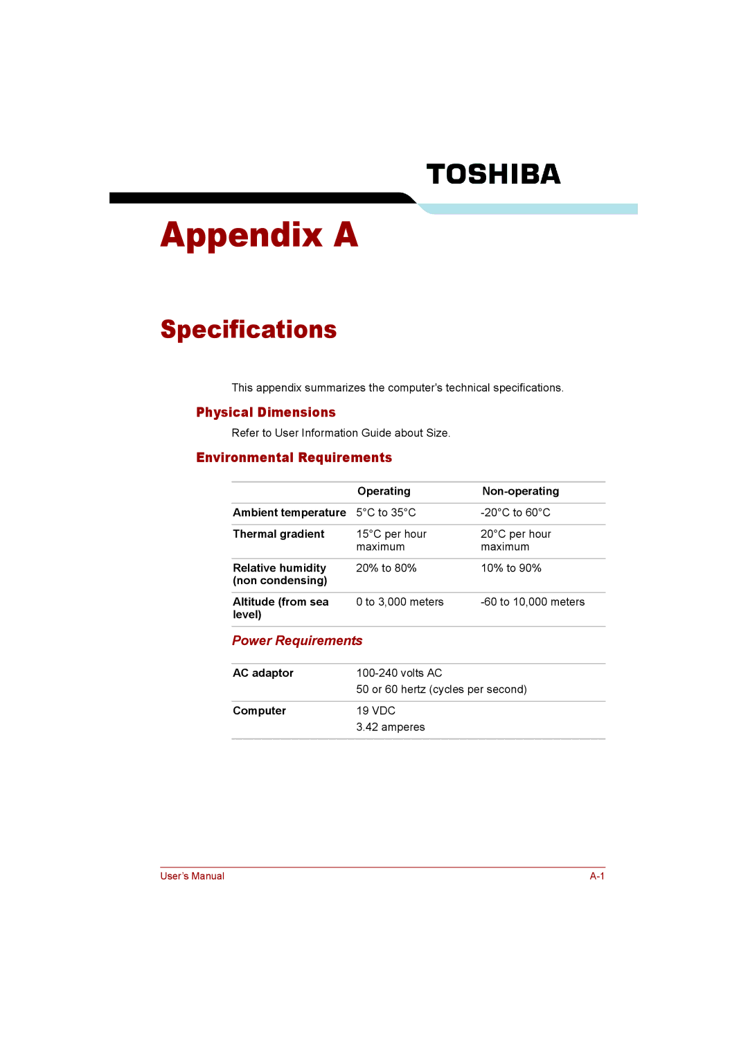 Toshiba T110 user manual Specifications, Physical Dimensions, Environmental Requirements, Power Requirements 