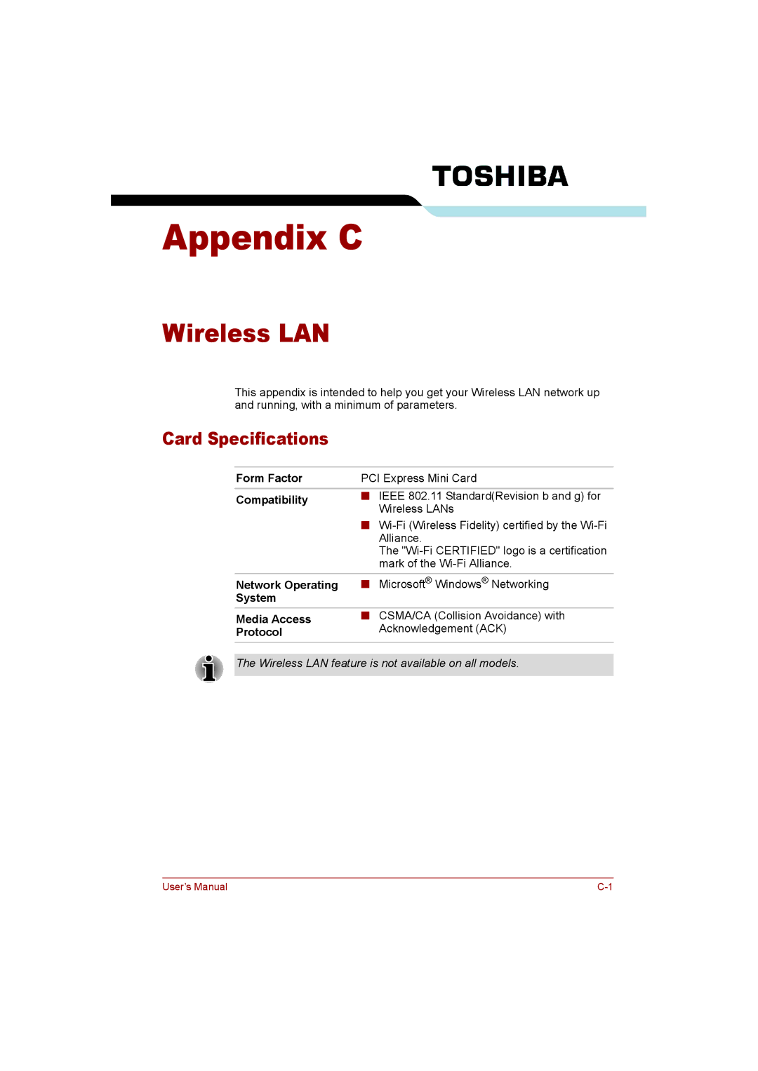 Toshiba T110 user manual Wireless LAN, Card Specifications 