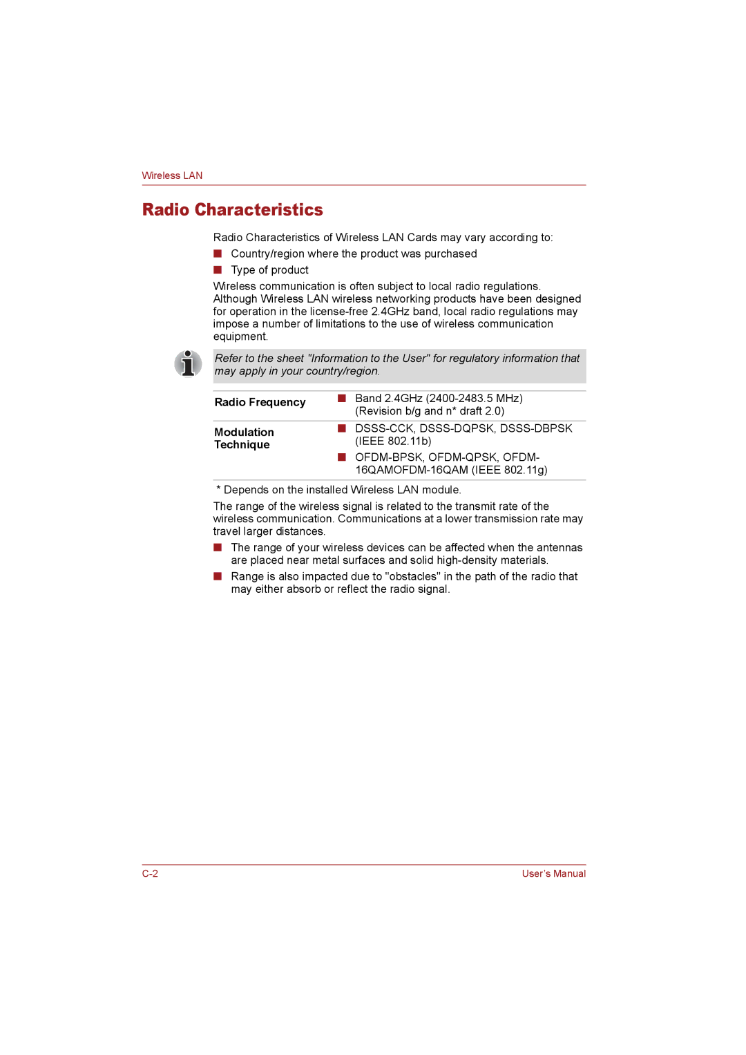 Toshiba T110 user manual Radio Characteristics, Radio Frequency, Modulation, Technique 