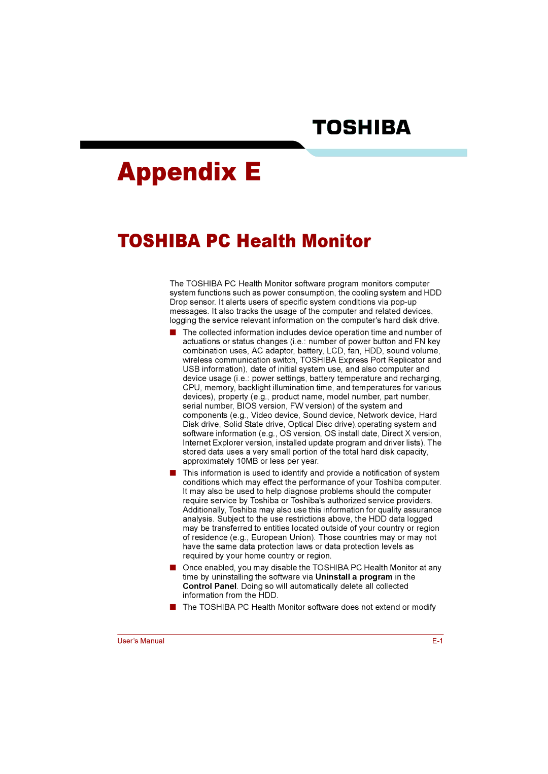 Toshiba T110 user manual Appendix E, Toshiba PC Health Monitor 