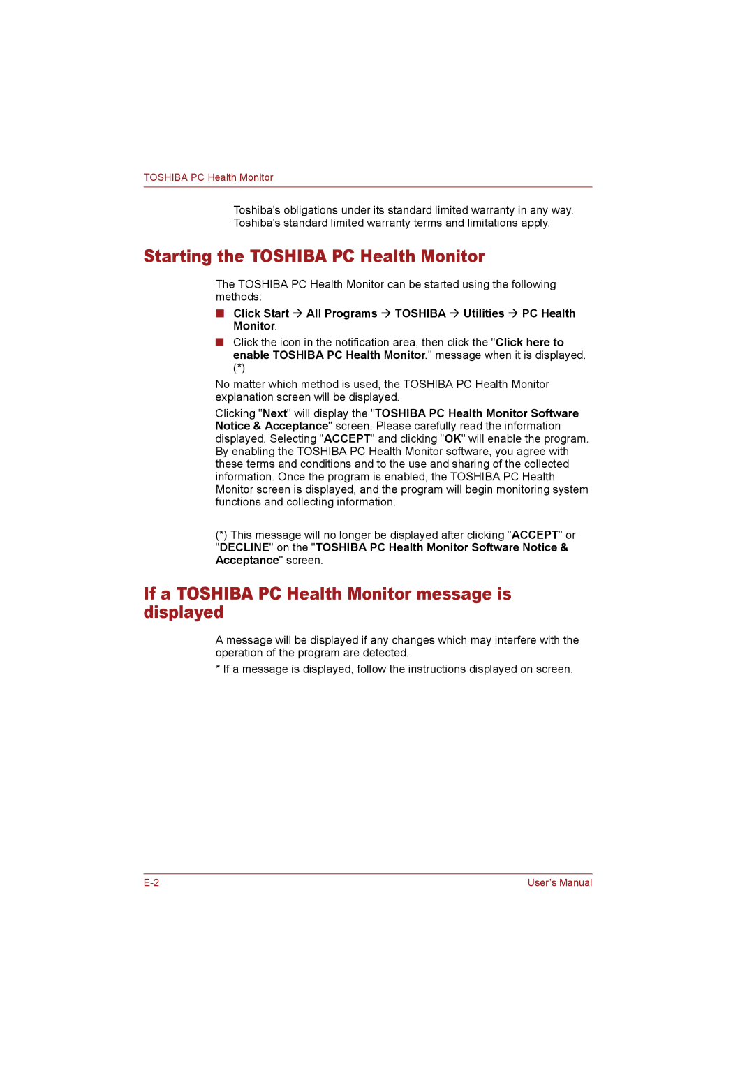 Toshiba T110 user manual Starting the Toshiba PC Health Monitor, If a Toshiba PC Health Monitor message is displayed 