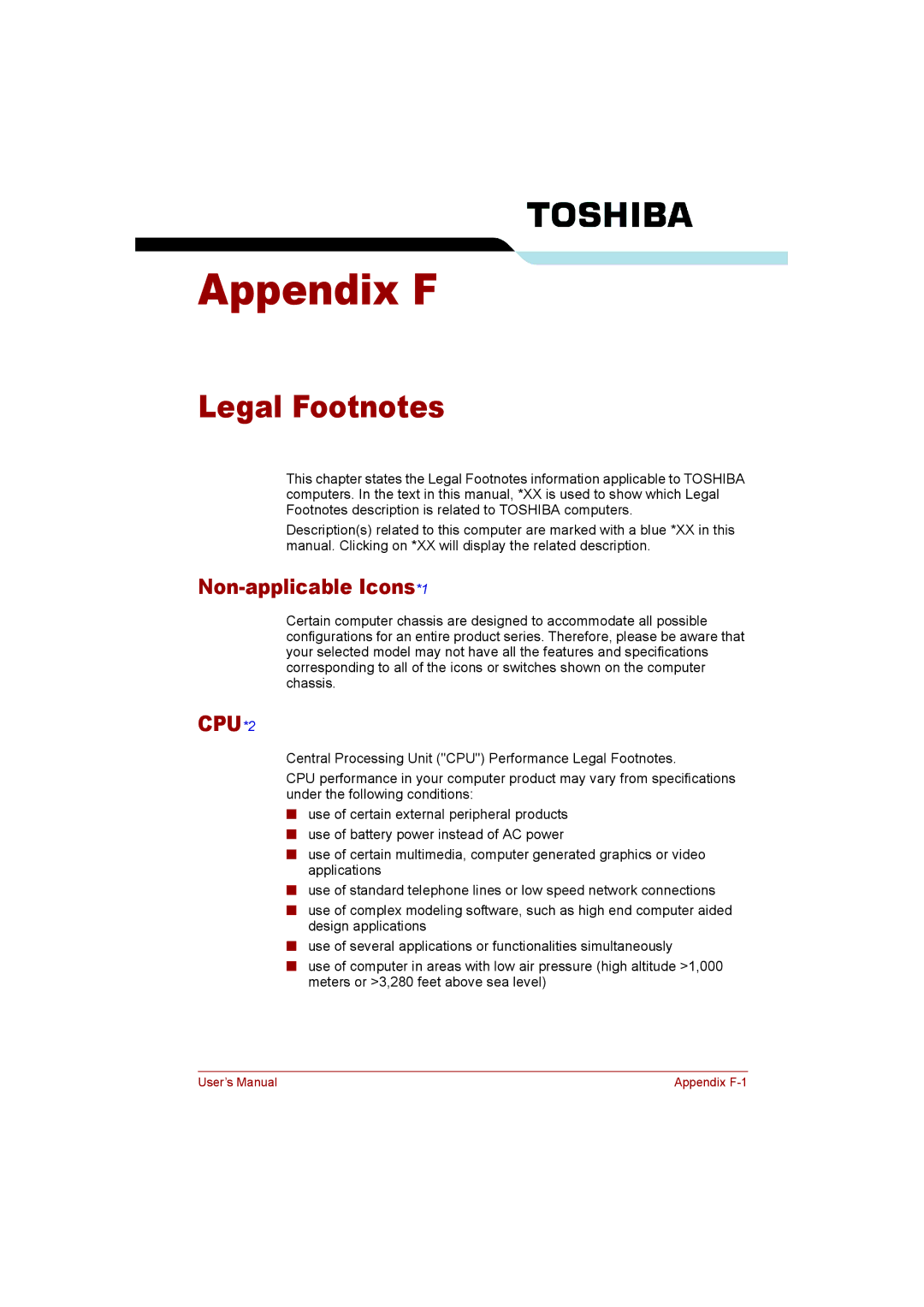 Toshiba T110 user manual Legal Footnotes, Non-applicable Icons*1 