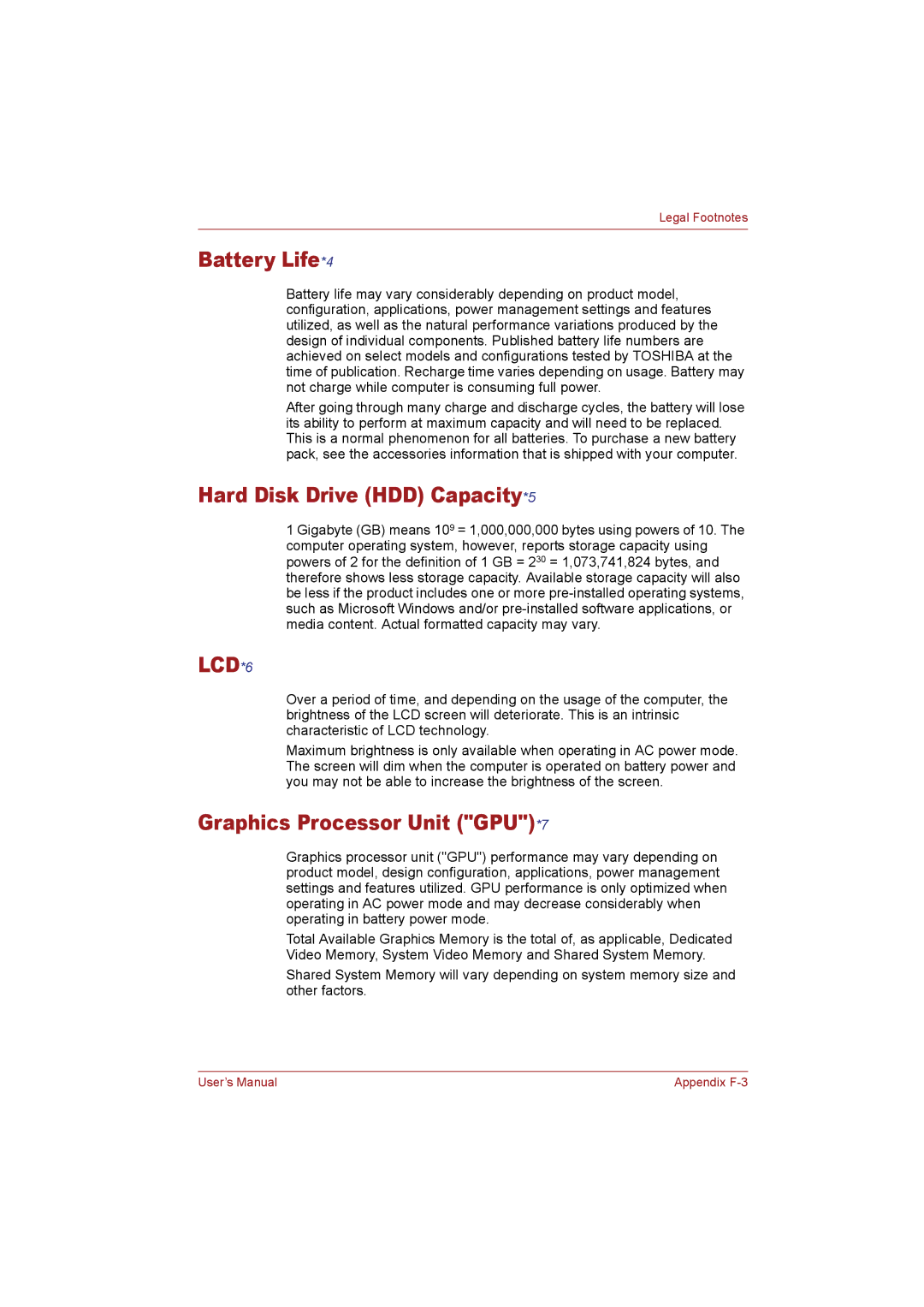 Toshiba T110 user manual Battery Life*4, Hard Disk Drive HDD Capacity*5, Graphics Processor Unit GPU*7 