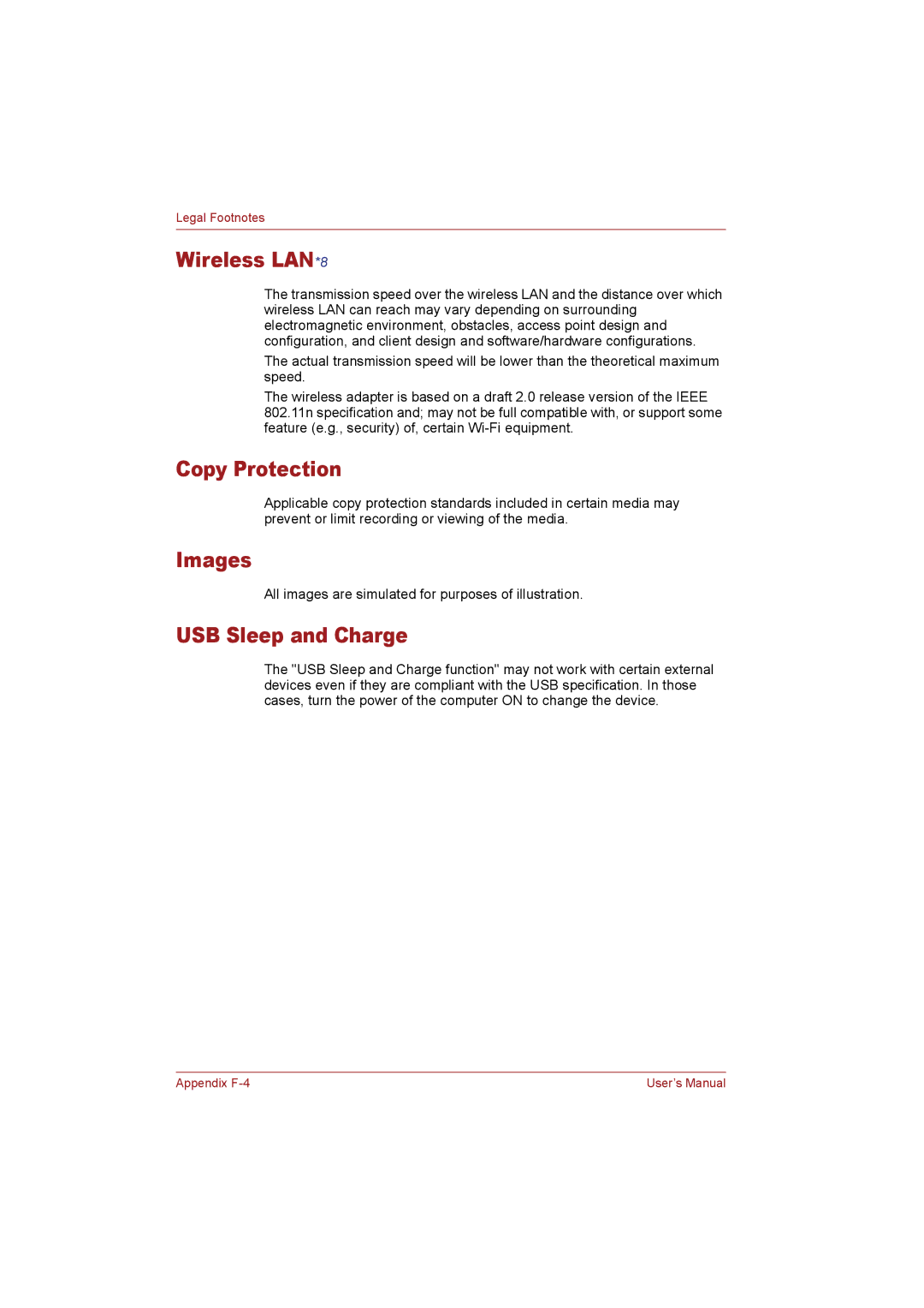 Toshiba T110 user manual Wireless LAN*8, Copy Protection, Images, USB Sleep and Charge 