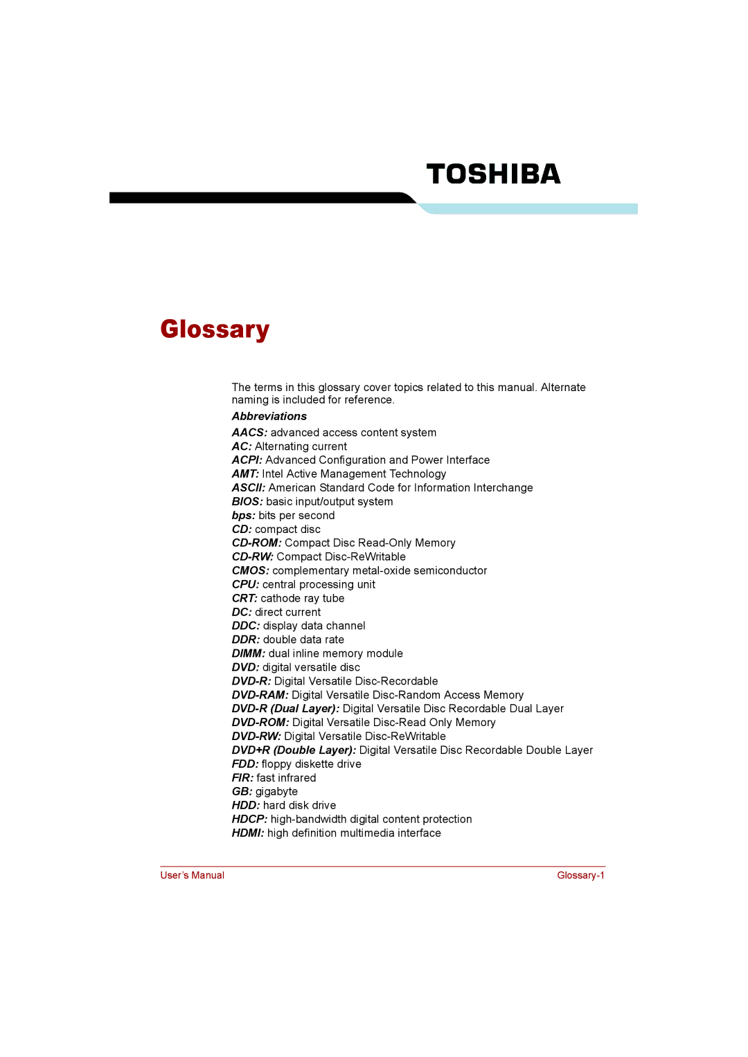 Toshiba T110 user manual Glossary, Abbreviations 