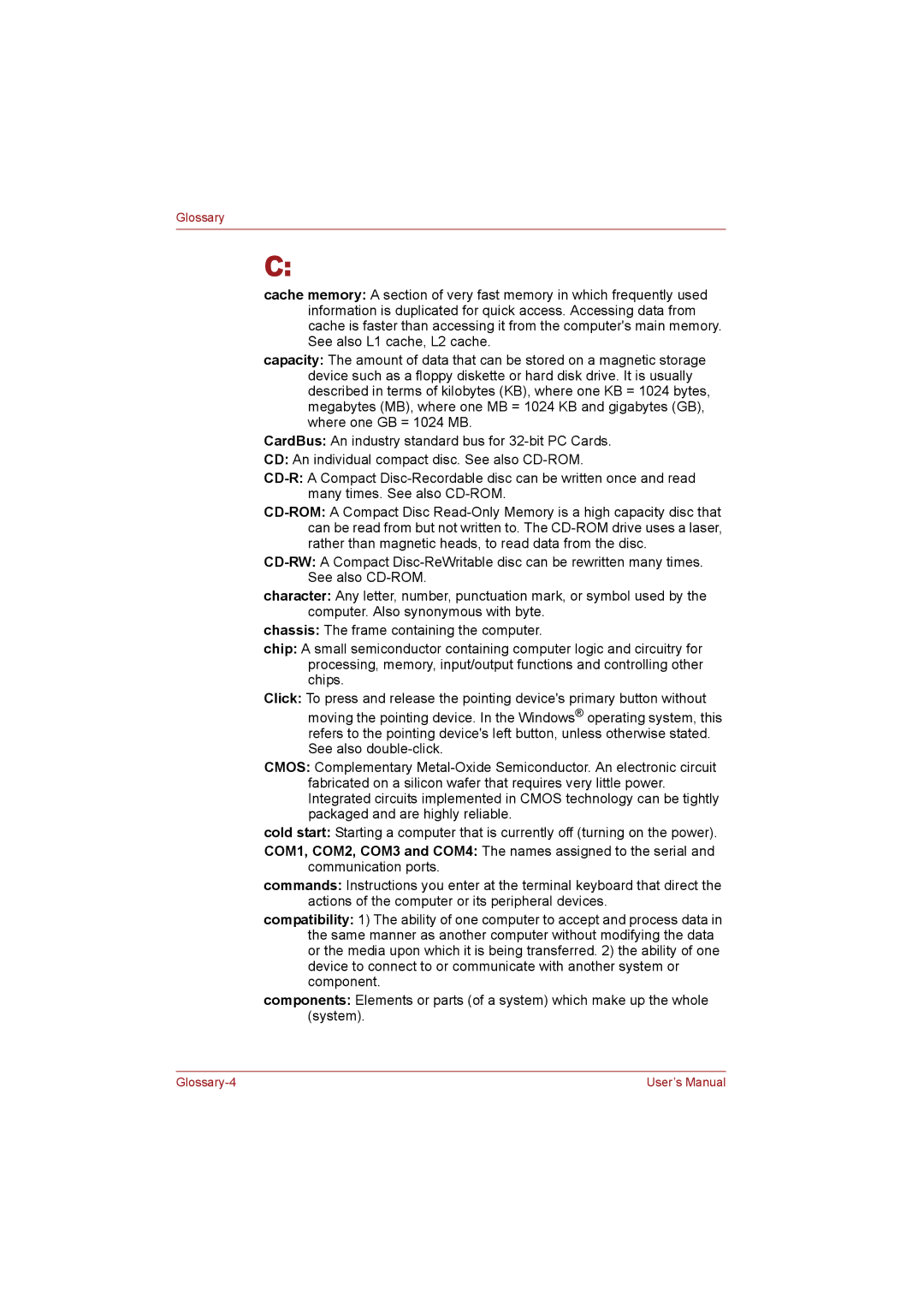 Toshiba T110 user manual Glossary-4 User’s Manual 