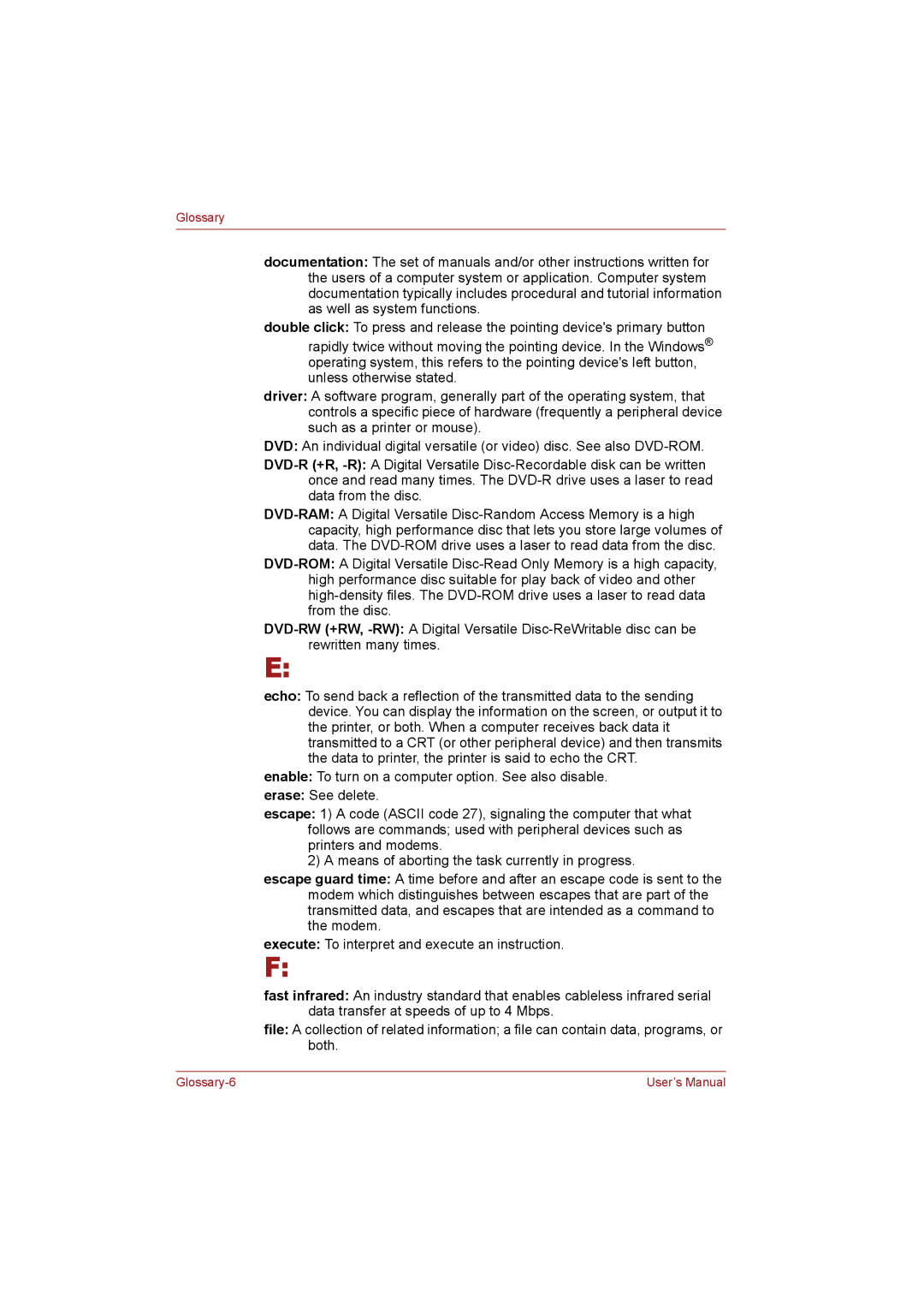 Toshiba T110 user manual Glossary-6 User’s Manual 