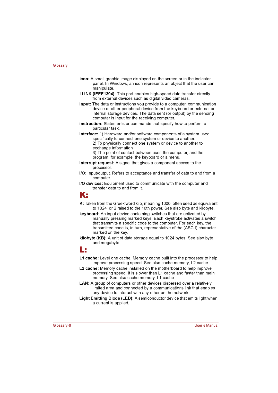 Toshiba T110 user manual Glossary-8 User’s Manual 