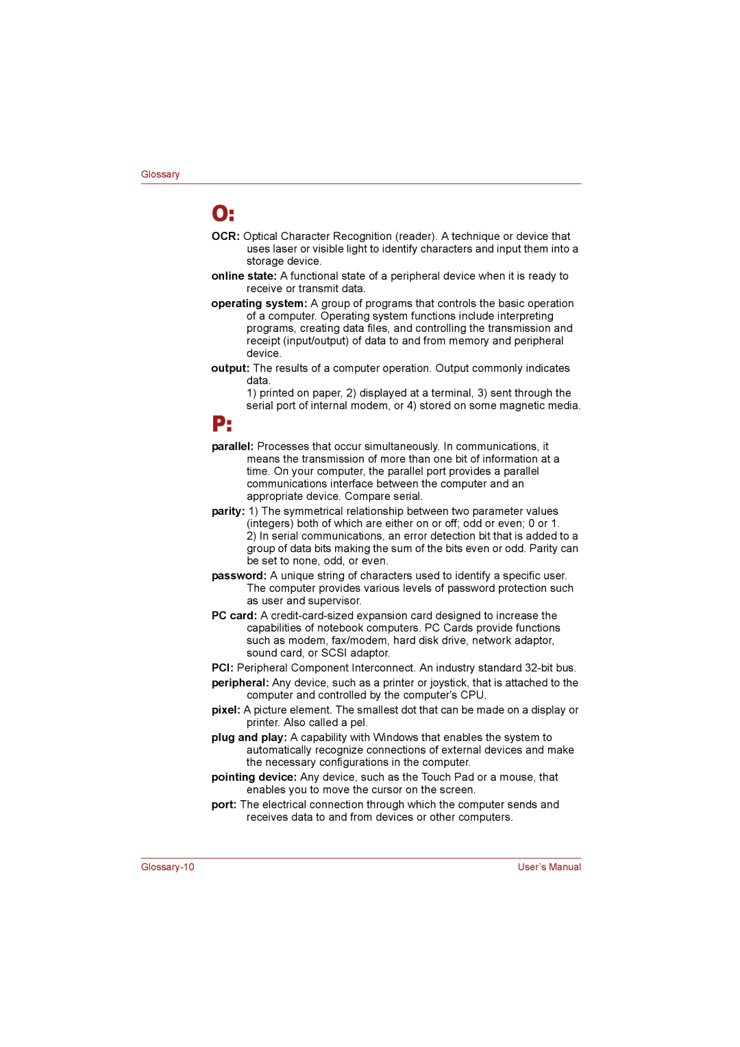 Toshiba T110 user manual Glossary-10 User’s Manual 