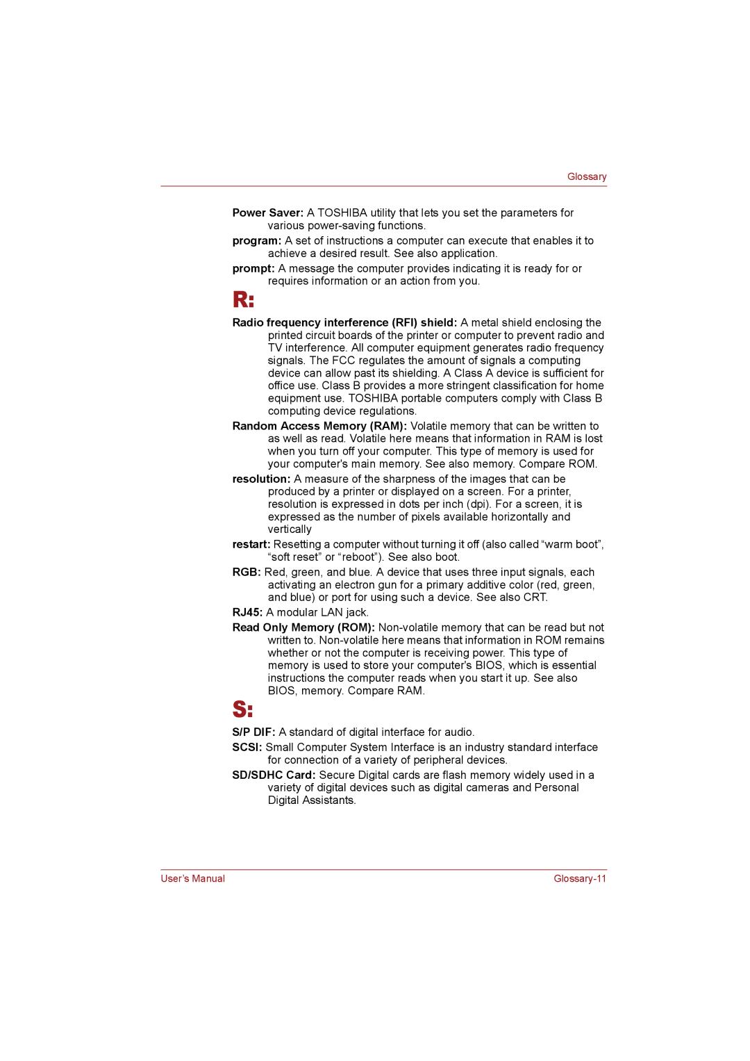 Toshiba T110 user manual Glossary-11 