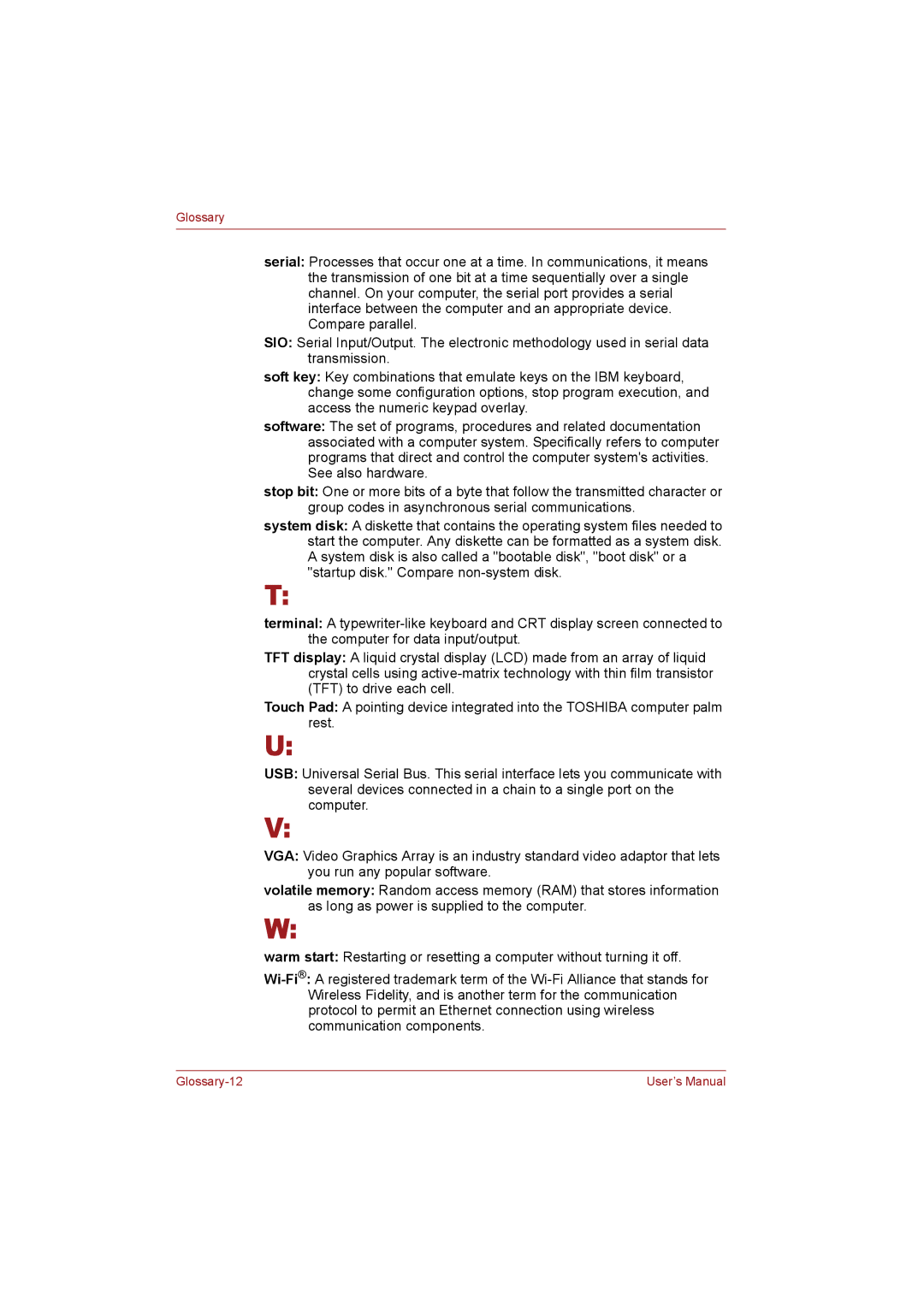 Toshiba T110 user manual Glossary-12 User’s Manual 