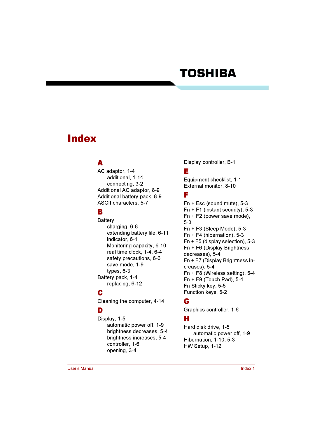 Toshiba T110 user manual Index 