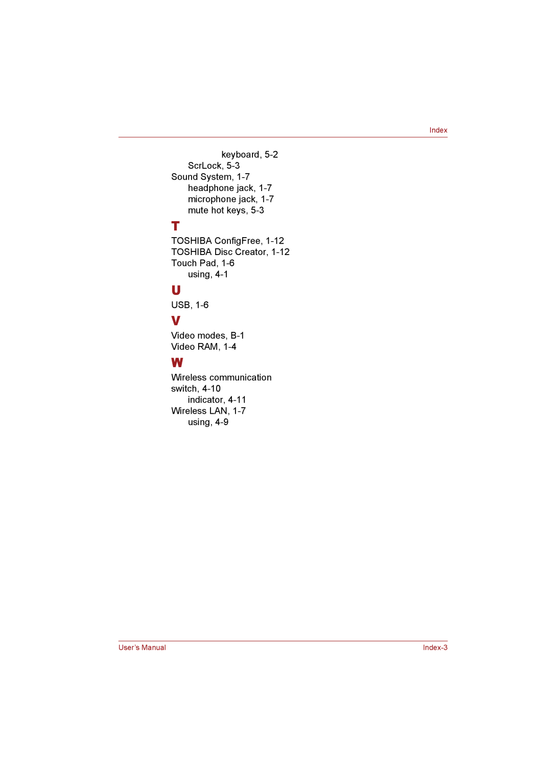 Toshiba T110 user manual User’s Manual Index-3 