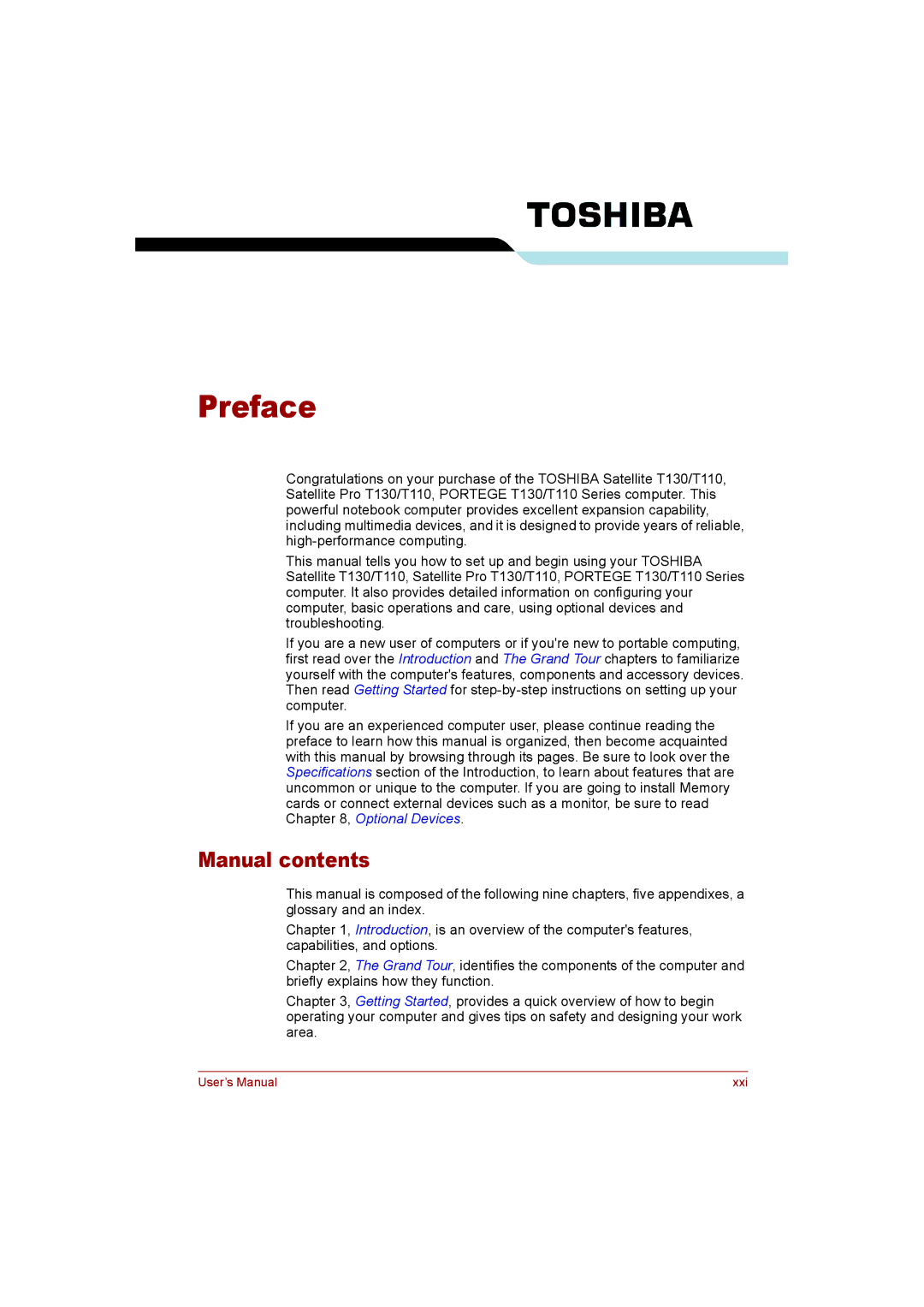 Toshiba T110 user manual Preface, Manual contents 