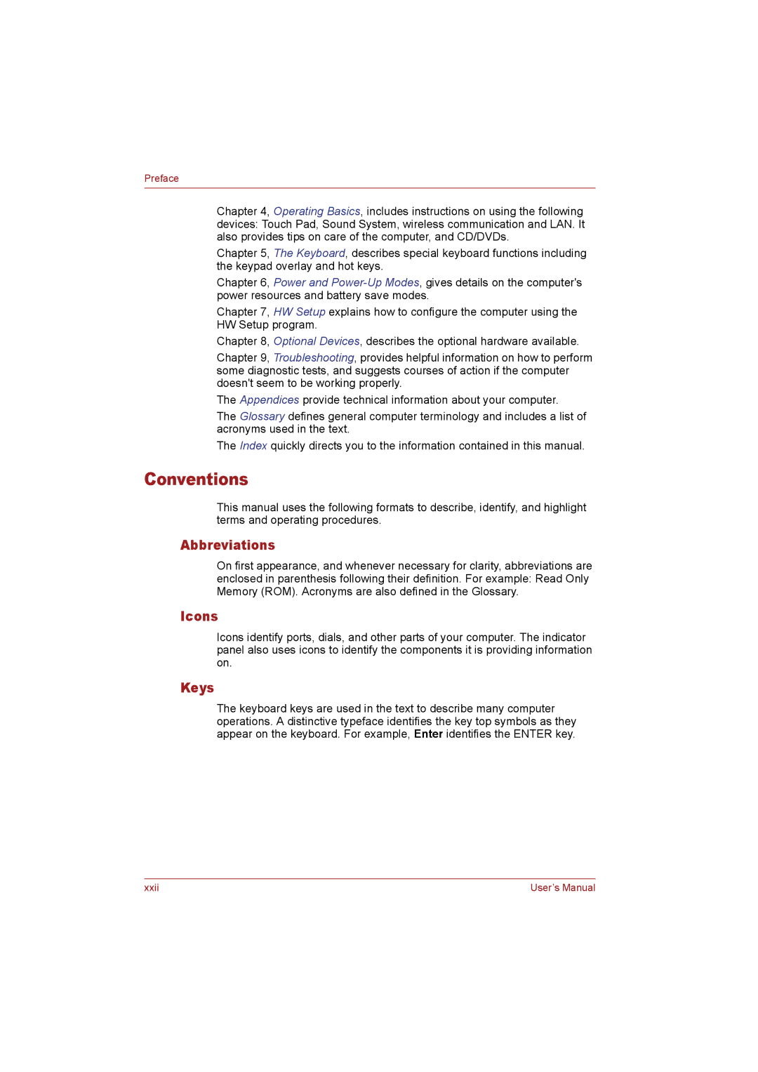 Toshiba T110 user manual Conventions, Abbreviations, Icons, Keys 