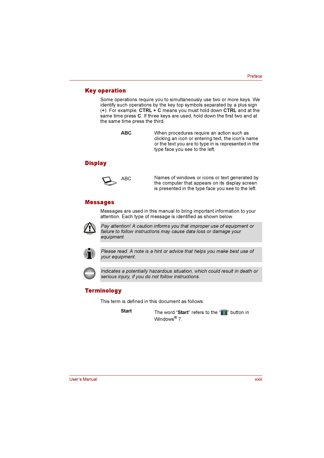 Toshiba T110 user manual Key operation, Display, Messages, Terminology, Start Word Start refers to the button 