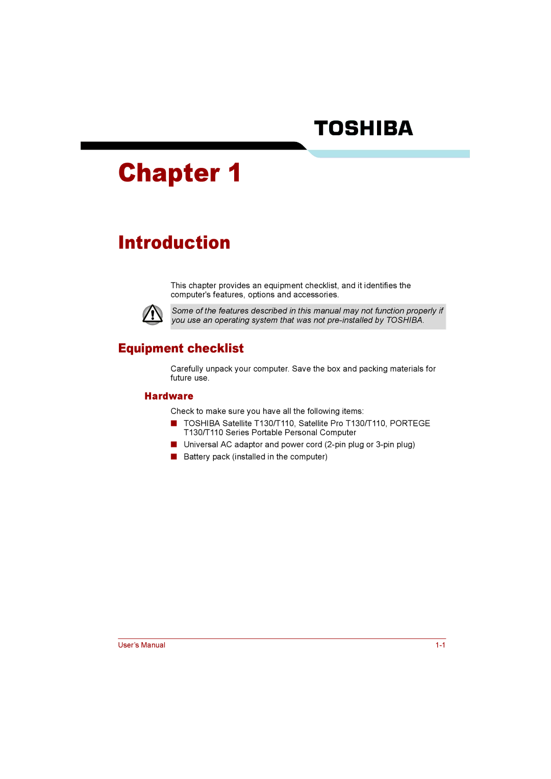 Toshiba T110 user manual Introduction, Equipment checklist, Hardware 