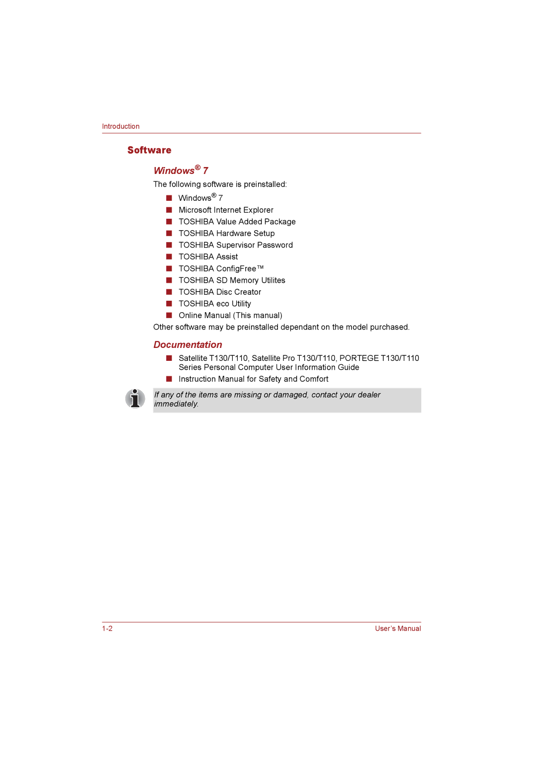 Toshiba T110 user manual Software, Windows, Documentation 