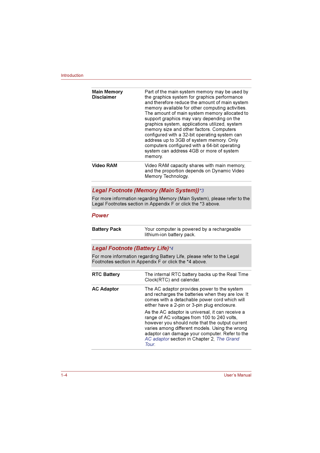 Toshiba T110 user manual Legal Footnote Memory Main System*3, Power, Legal Footnote Battery Life*4 