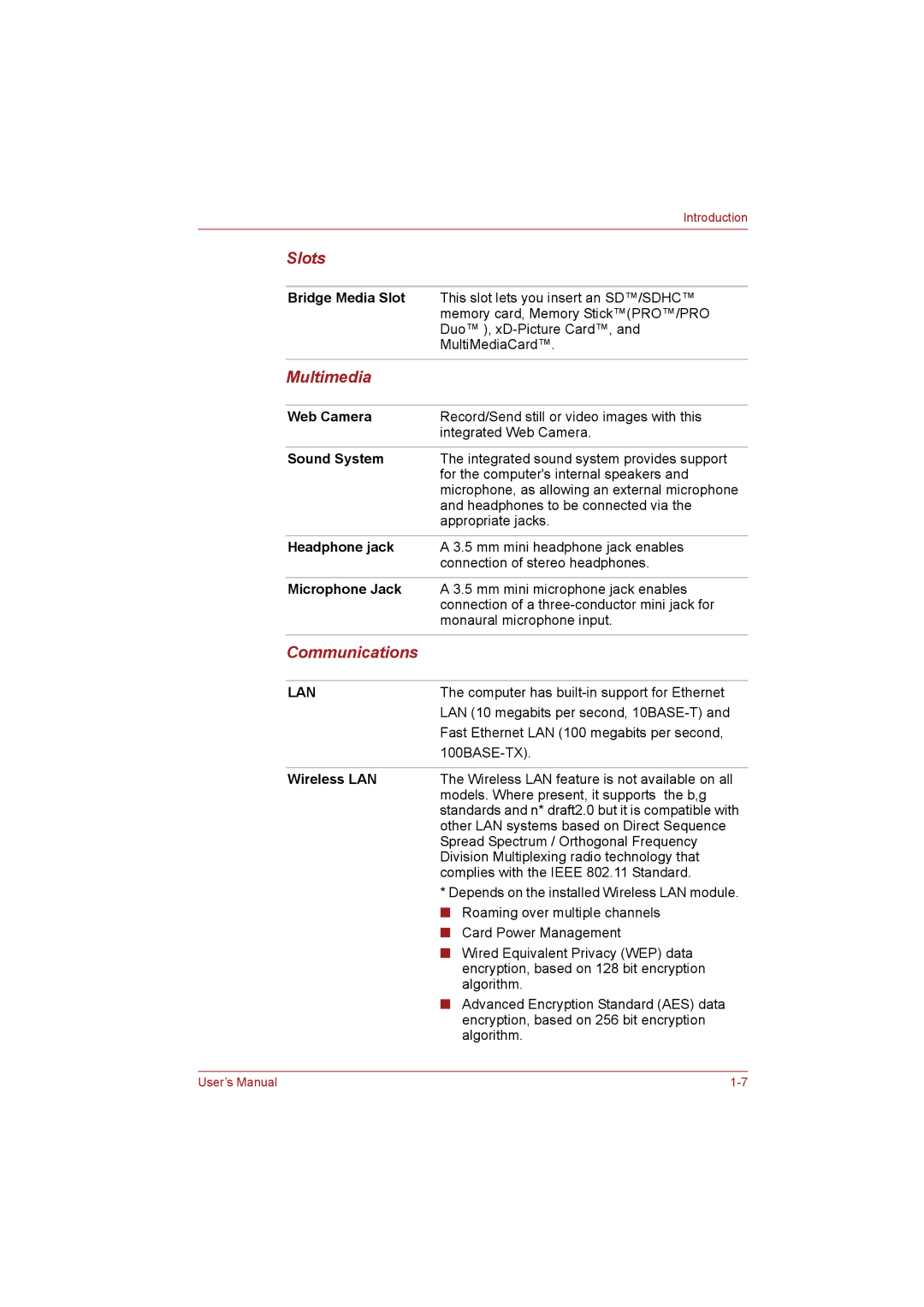 Toshiba T110 user manual Slots, Multimedia, Communications 