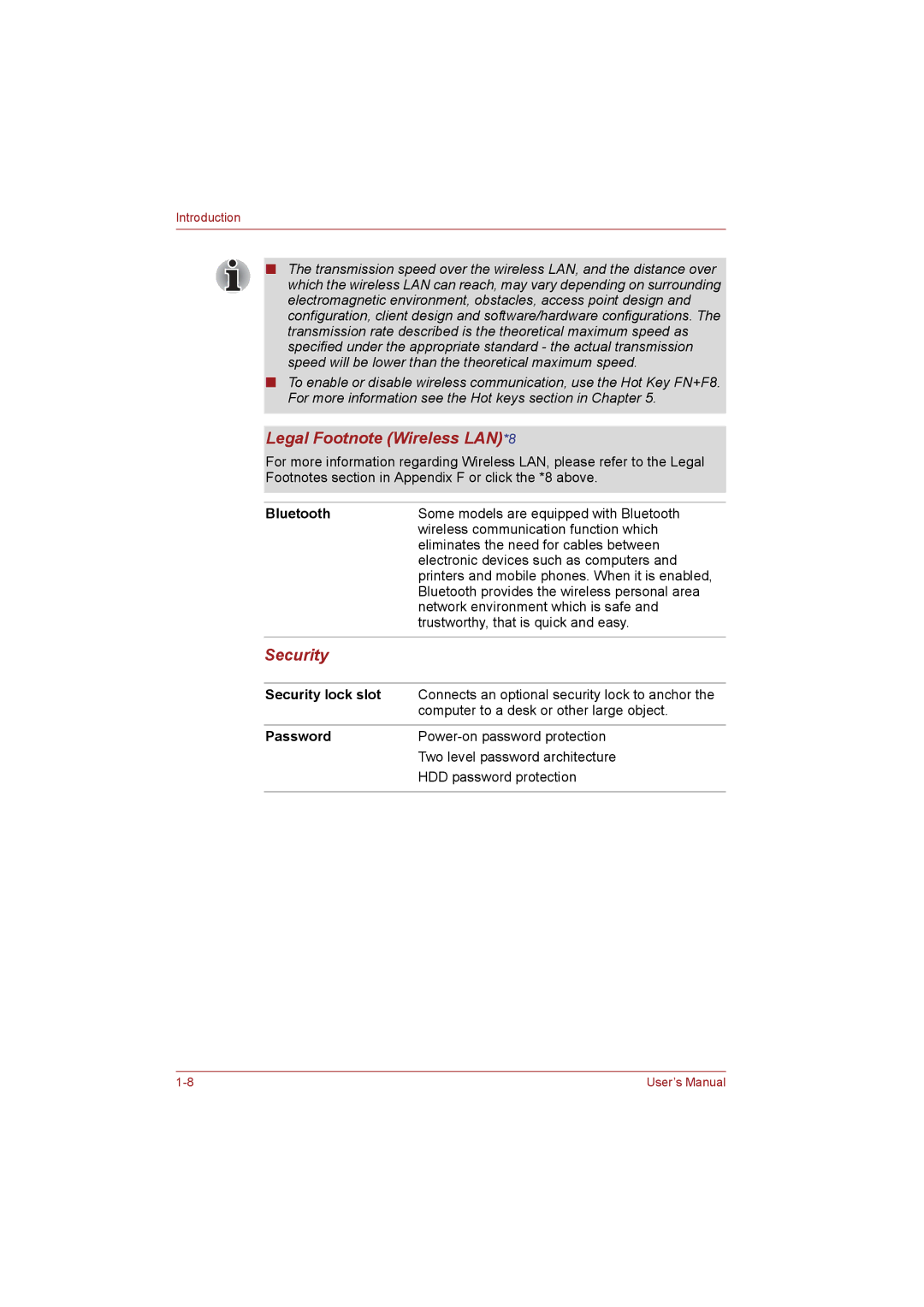 Toshiba T110 user manual Legal Footnote Wireless LAN*8, Bluetooth, Security lock slot, Password 