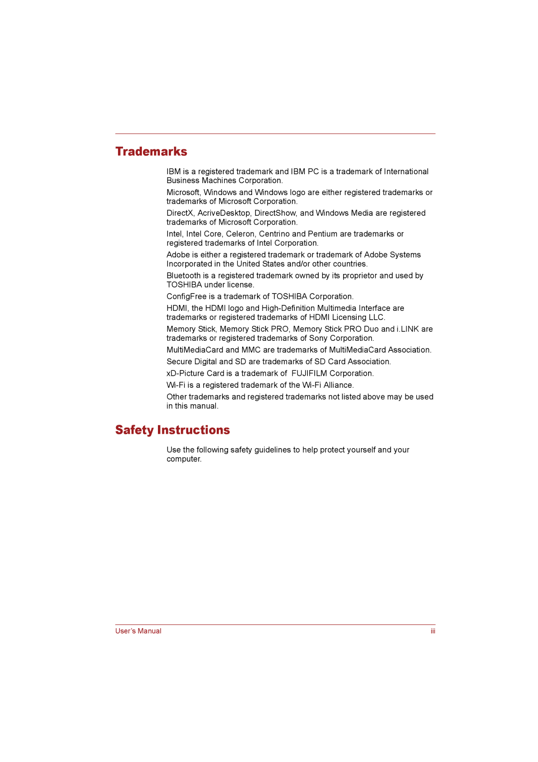 Toshiba T110 user manual Trademarks, Safety Instructions 