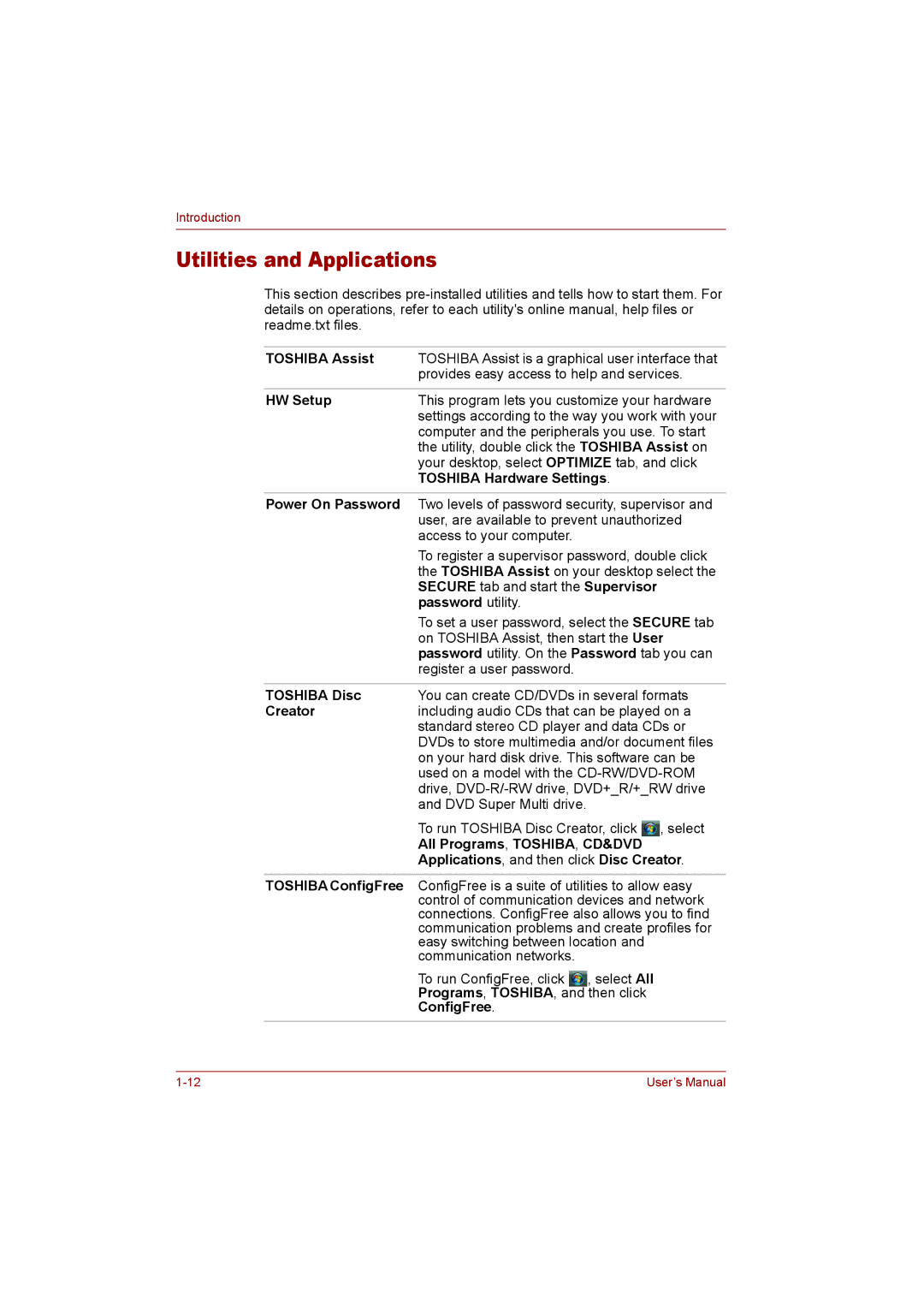 Toshiba T110 user manual Utilities and Applications 