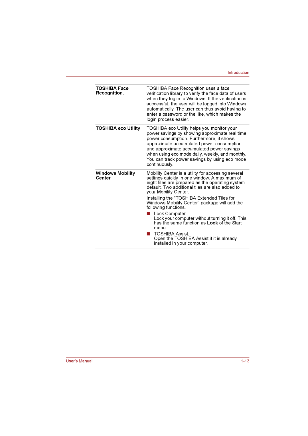 Toshiba T110 user manual Toshiba Face, Recognition, Toshiba eco Utility, Windows Mobility, Center 