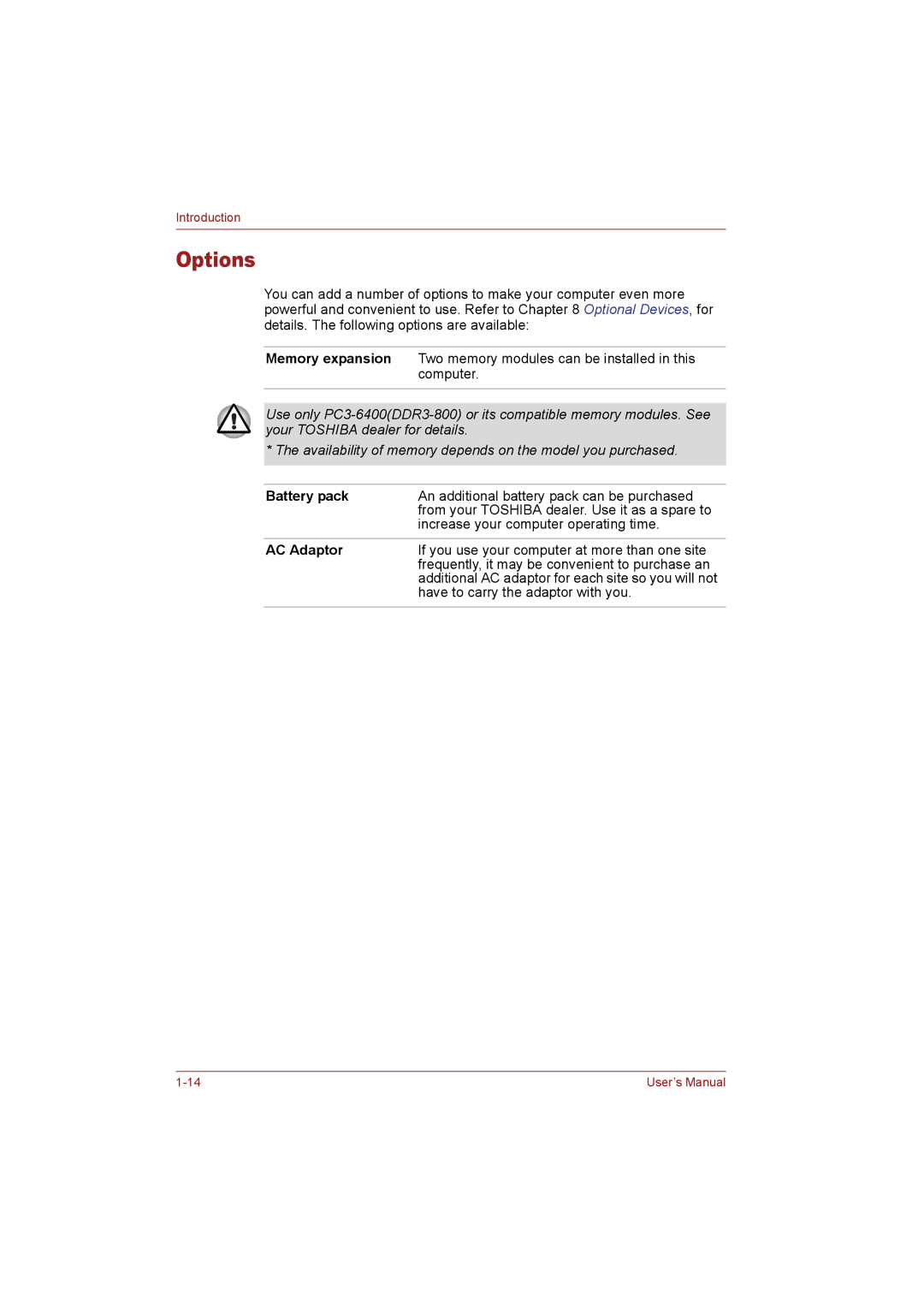 Toshiba T110 user manual Options, Battery pack 