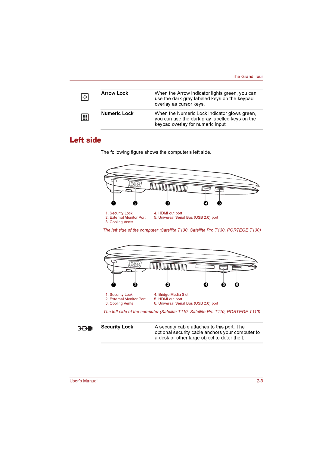 Toshiba T110 user manual Left side, Arrow Lock, Numeric Lock, Security Lock 