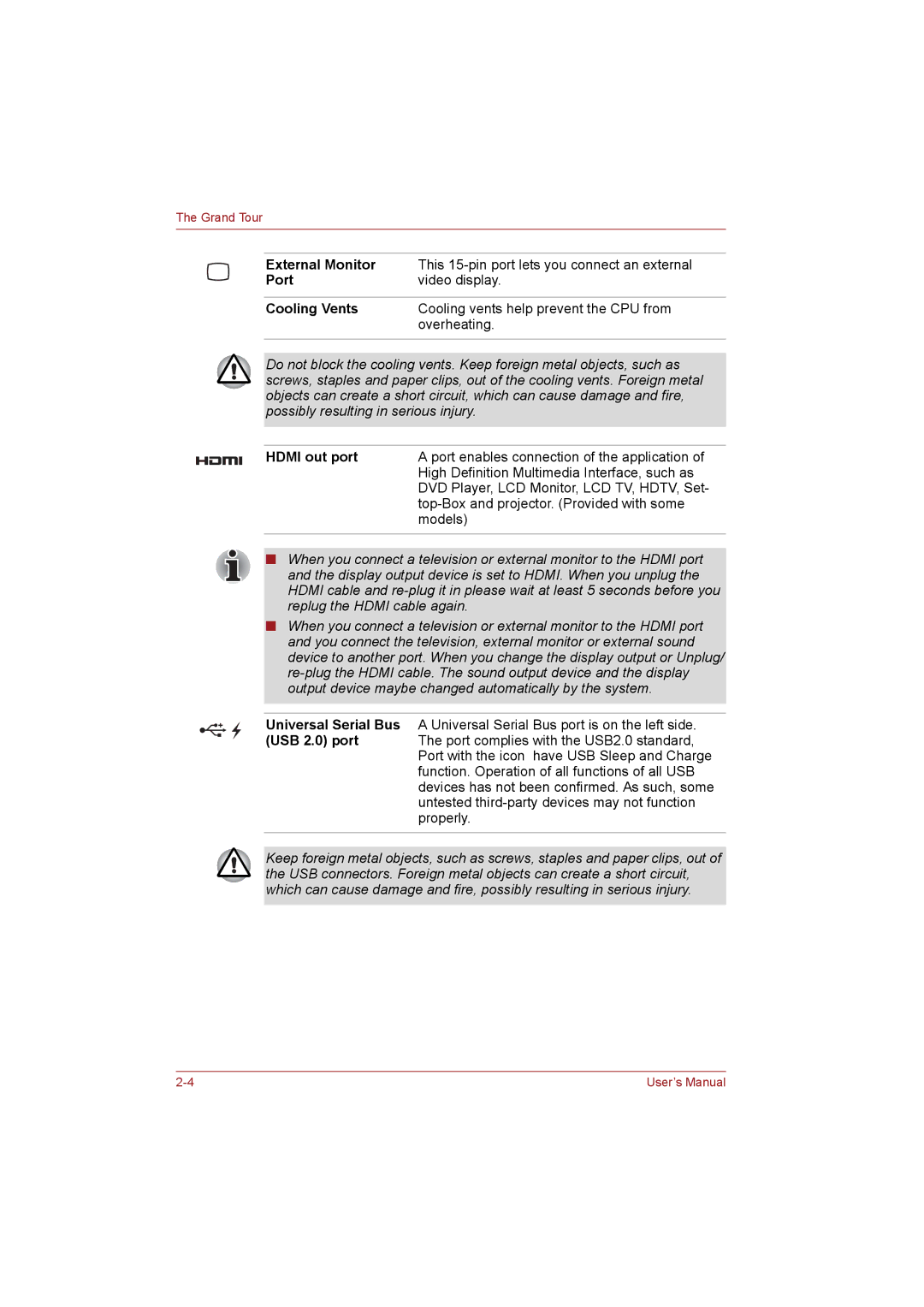 Toshiba T110 user manual Port, Cooling Vents 