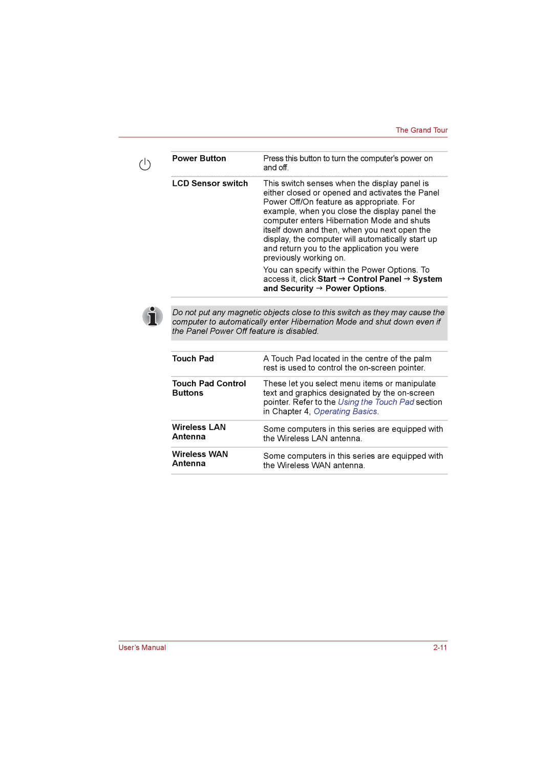 Toshiba T110 user manual Power Button, LCD Sensor switch, Security J Power Options, Touch Pad Control, Buttons, Antenna 